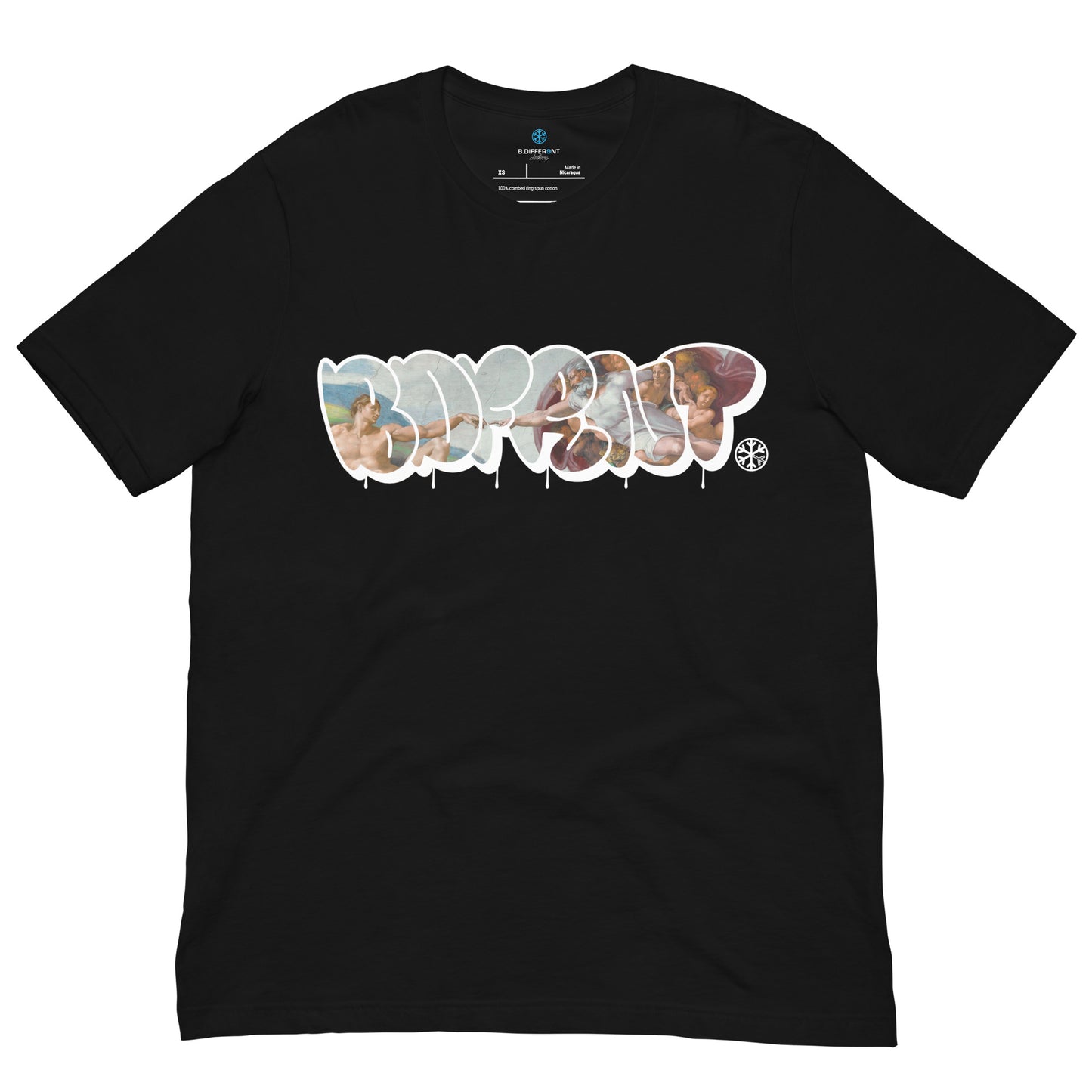 Black-BDFRNT Throwie x Creation of Adam Graffiti Tee from B.Different Clothing, front view, graffiti-inspired streetwear t-shirt