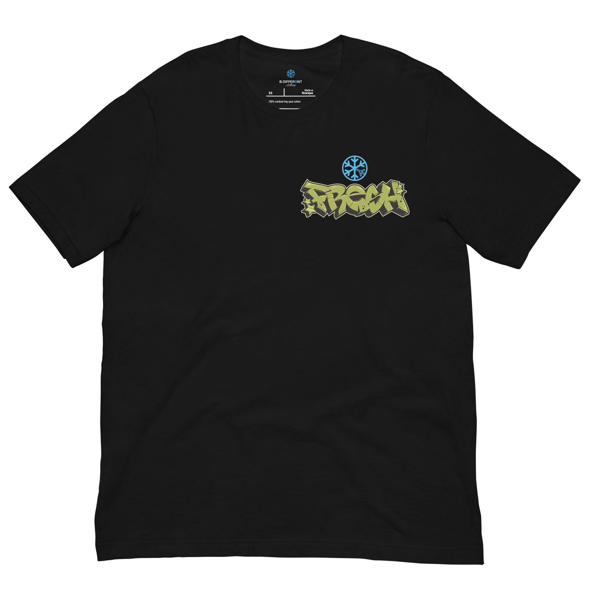 Black-Fresh Graffiti Character Tee from B.Different Clothing, front view, graffiti-inspired streetwear t-shirt