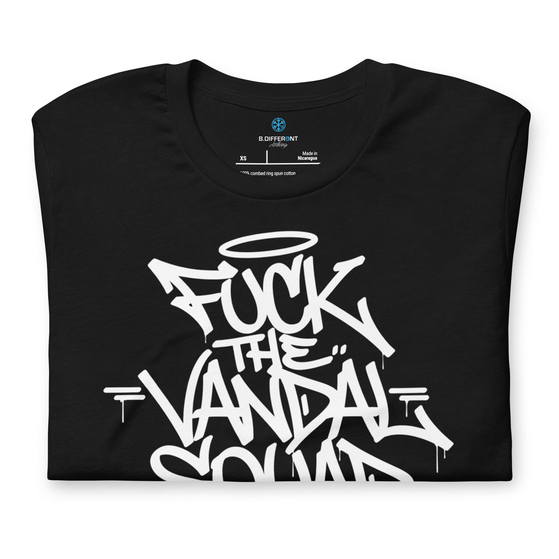 Black-Fuck The Vandal Squad Graffiti Tee from B.Different Clothing, folded, graffiti-inspired streetwear t-shirt