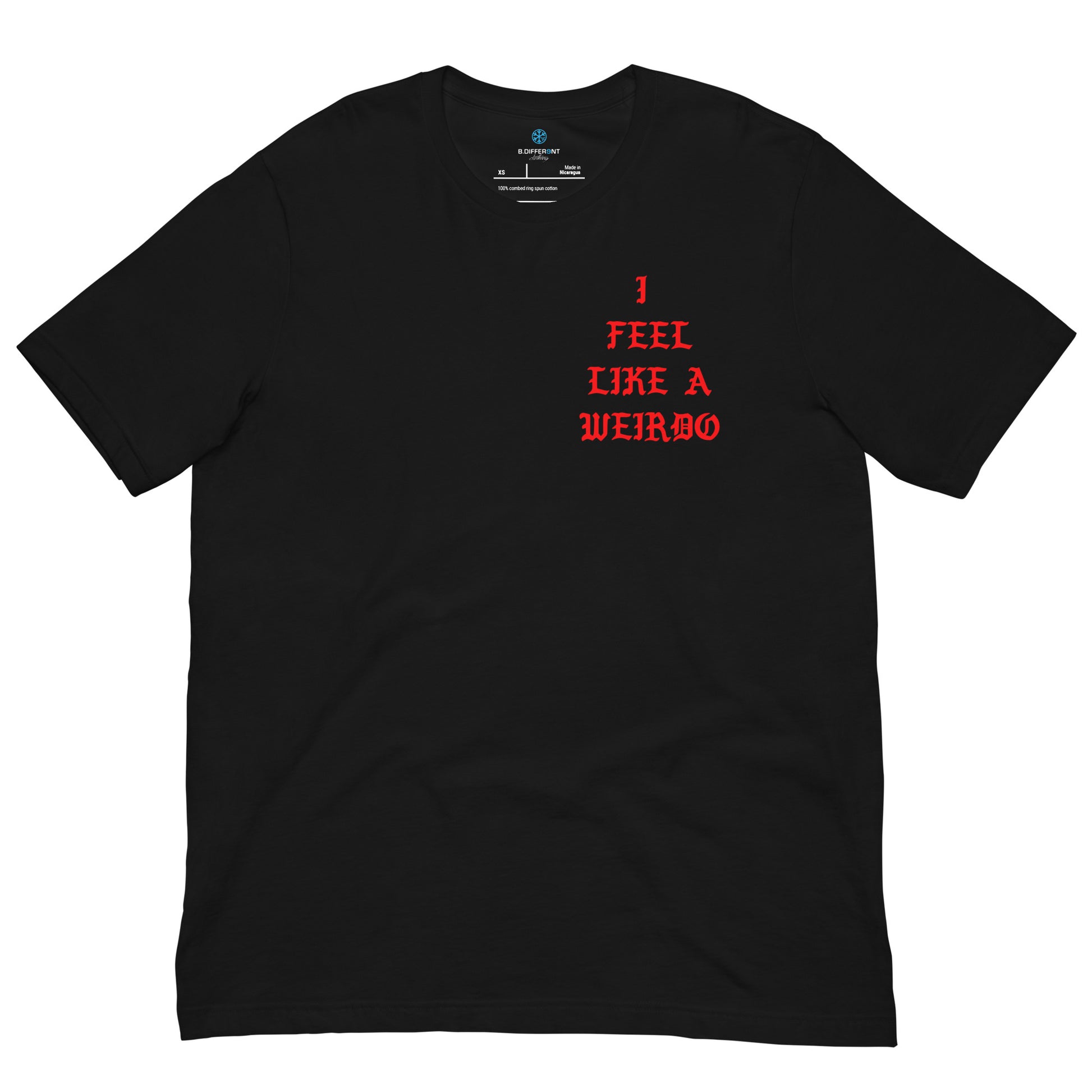 Black-I Feel Like a Weirdo Tee from B.Different Clothing, front view, graffiti-inspired streetwear t-shirt