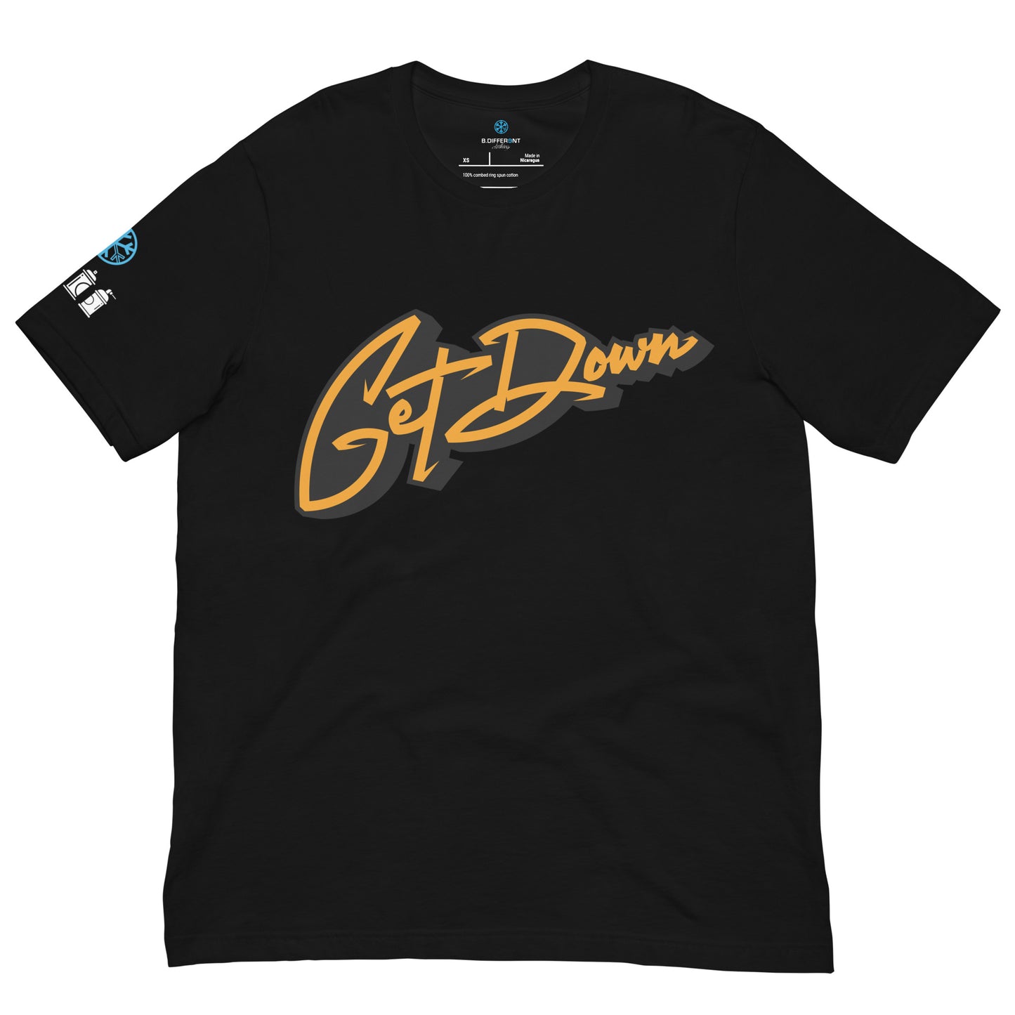 Black-Get Down Graffiti Tag Tee from B.Different Clothing, front view, graffiti-inspired streetwear t-shirt