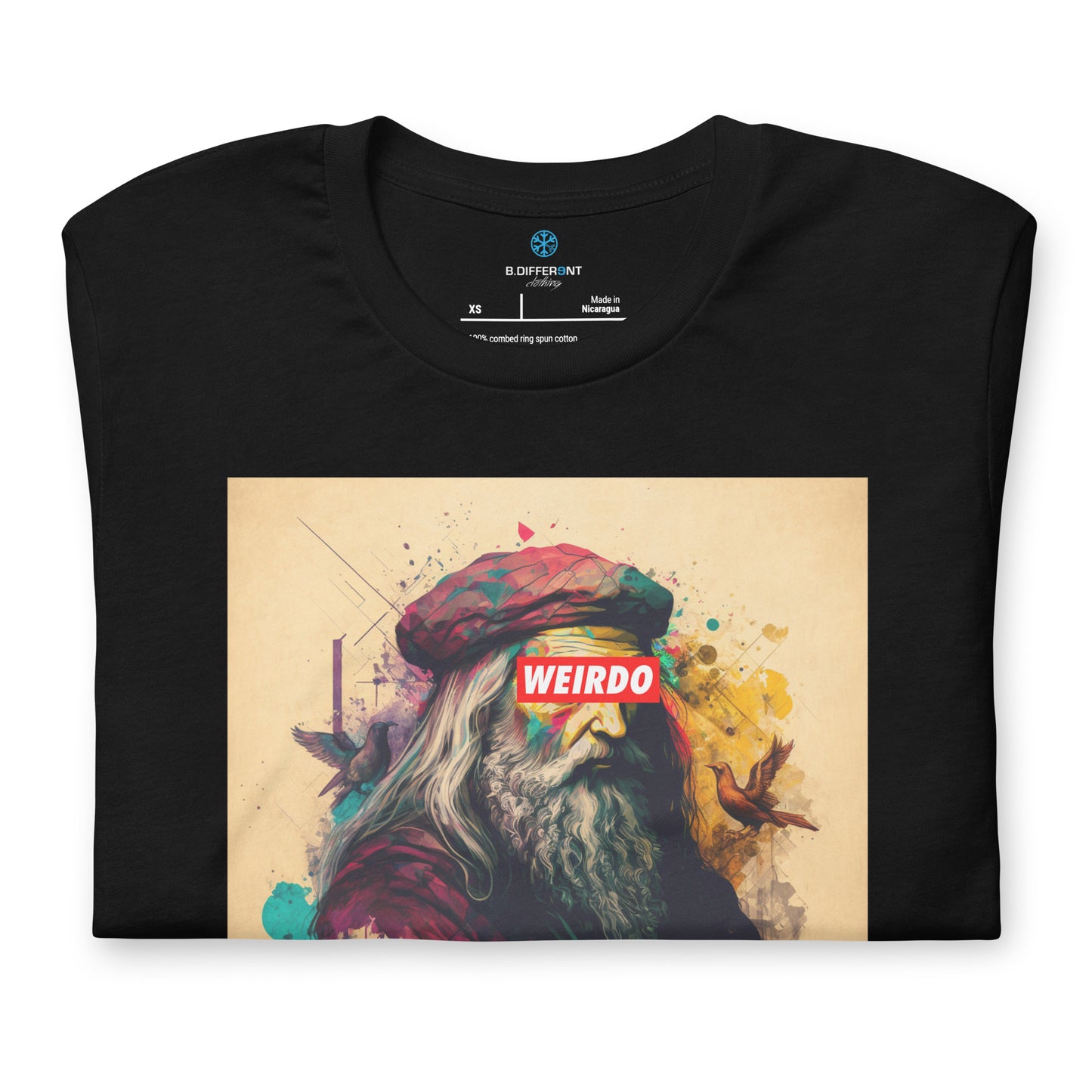 Black-Leonardo da Vinci Tee from B.Different Clothing, folded, graffiti-inspired streetwear t-shirt