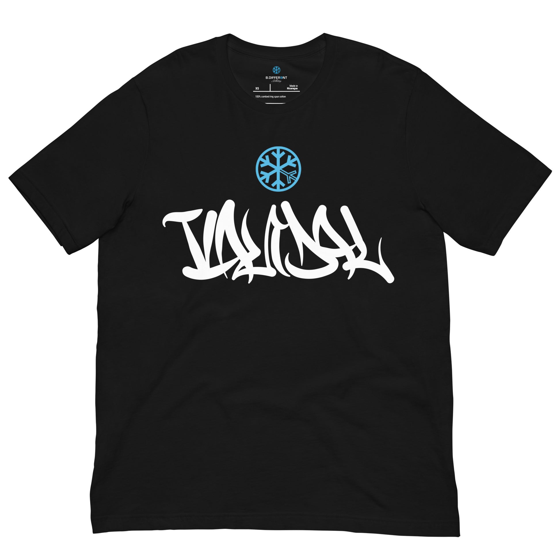 Black-Vandal Graffiti Tag Tee from B.Different Clothing, front view, graffiti-inspired streetwear t-shirt