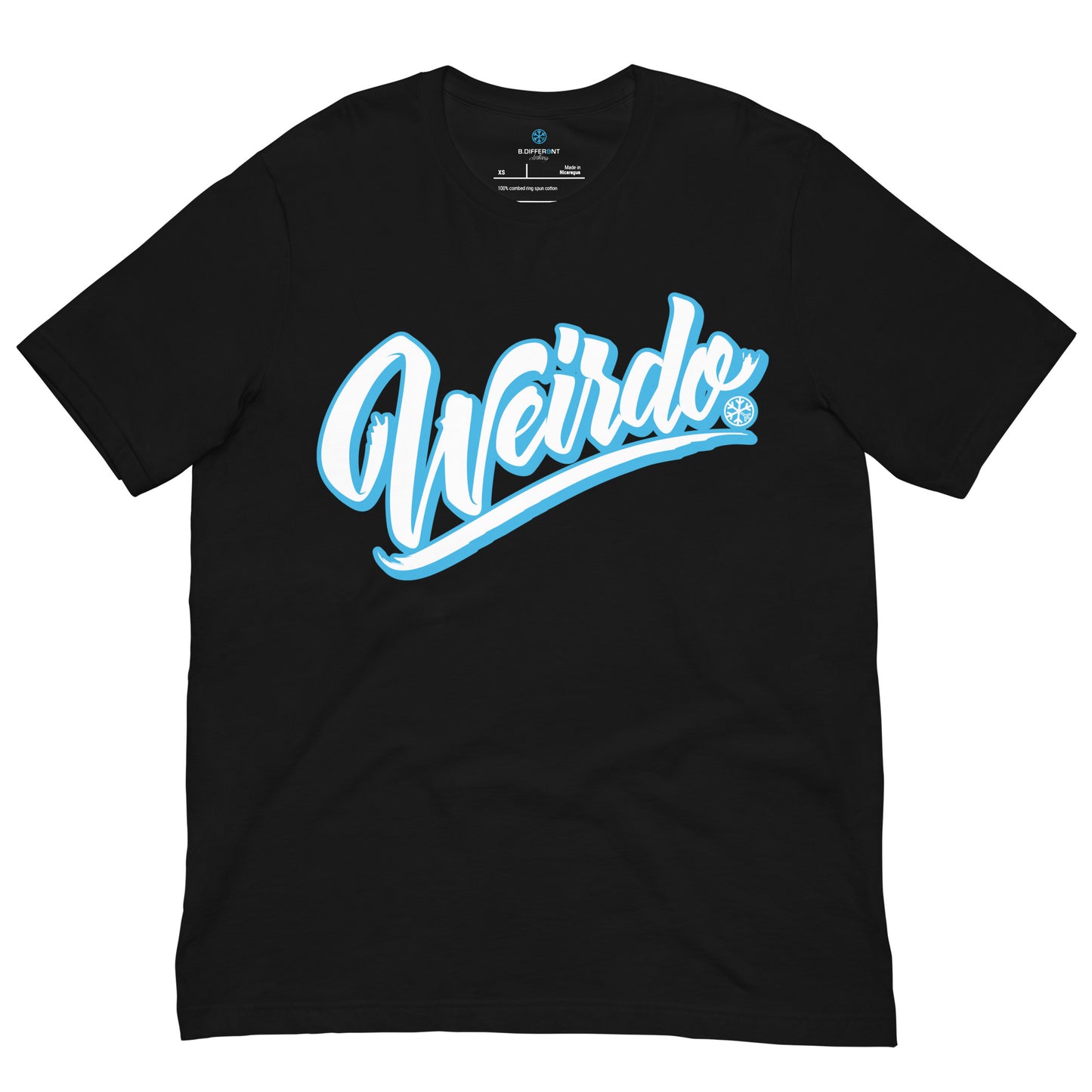 Black-Weirdo Tee from B.Different Clothing, front view, graffiti-inspired streetwear t-shirt