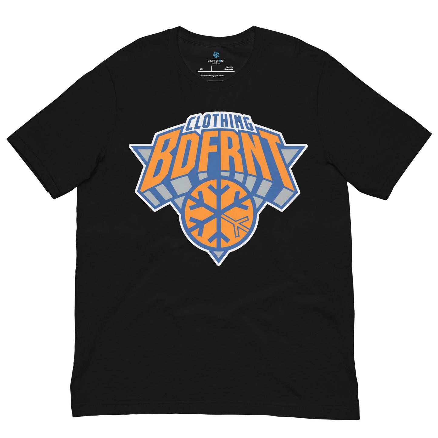 Black-BDFRNT Logo 2011 Tee from B.Different Clothing, front view, graffiti-inspired streetwear t-shirt