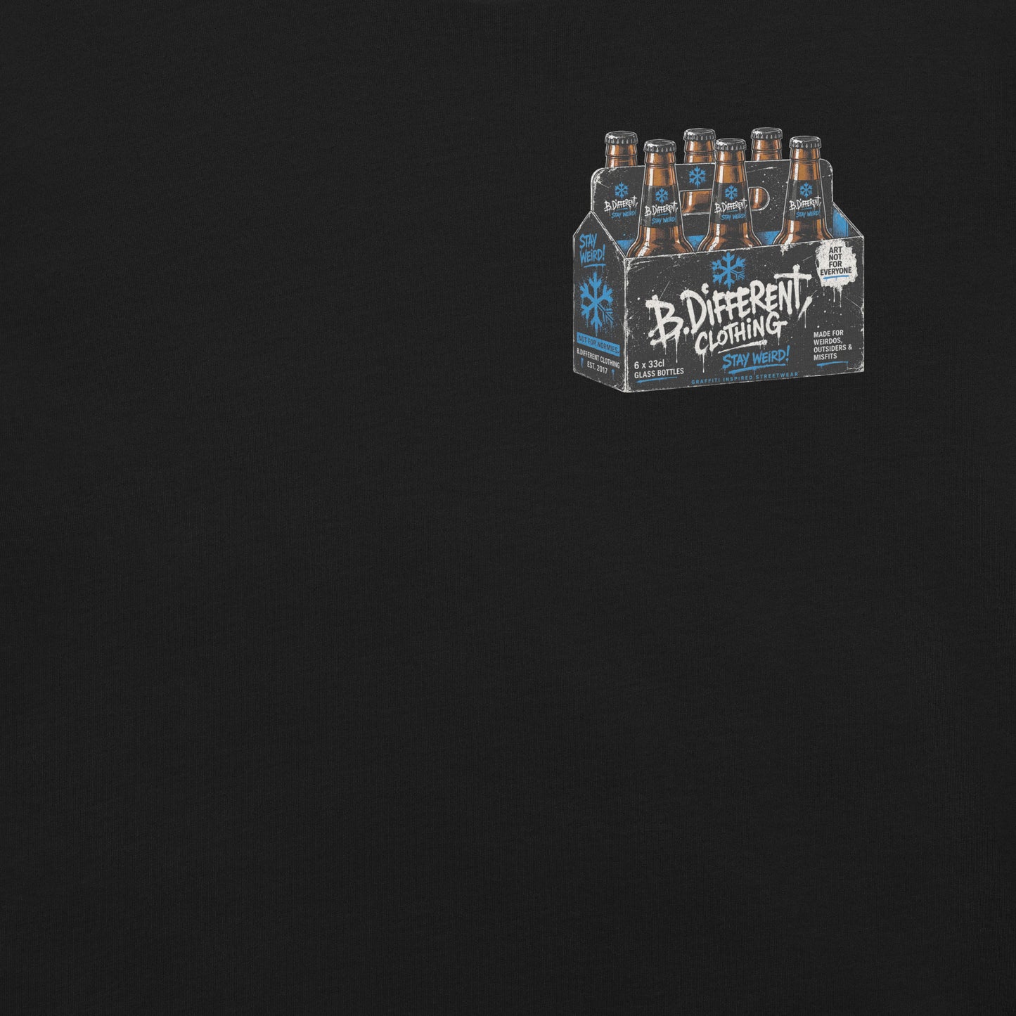 Black-Six Pack Beer Graffiti Tee from B.Different Clothing, front graphic, graffiti-inspired streetwear
