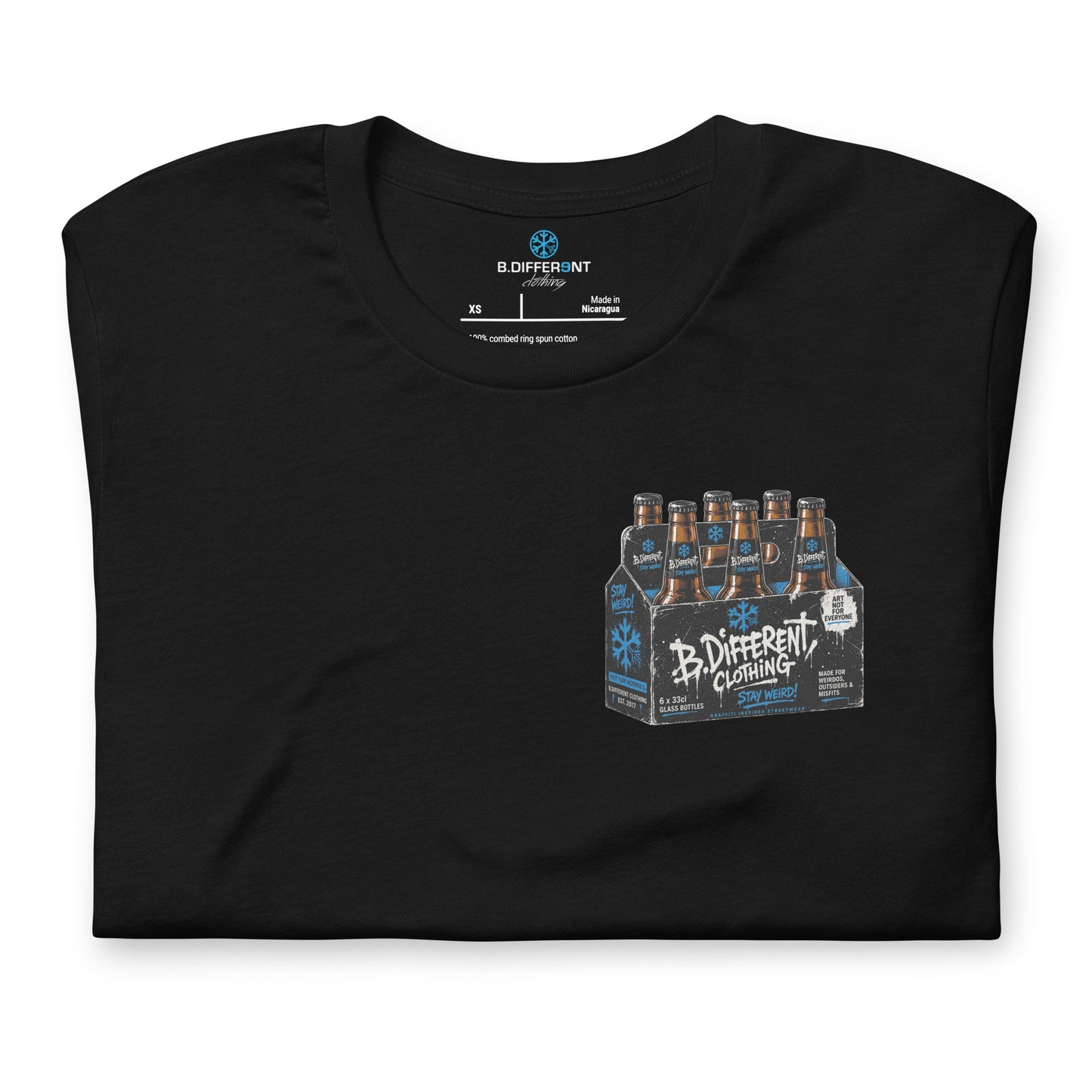 Black-Six Pack Beer Graffiti Tee from B.Different Clothing, folded, graffiti-inspired streetwear
