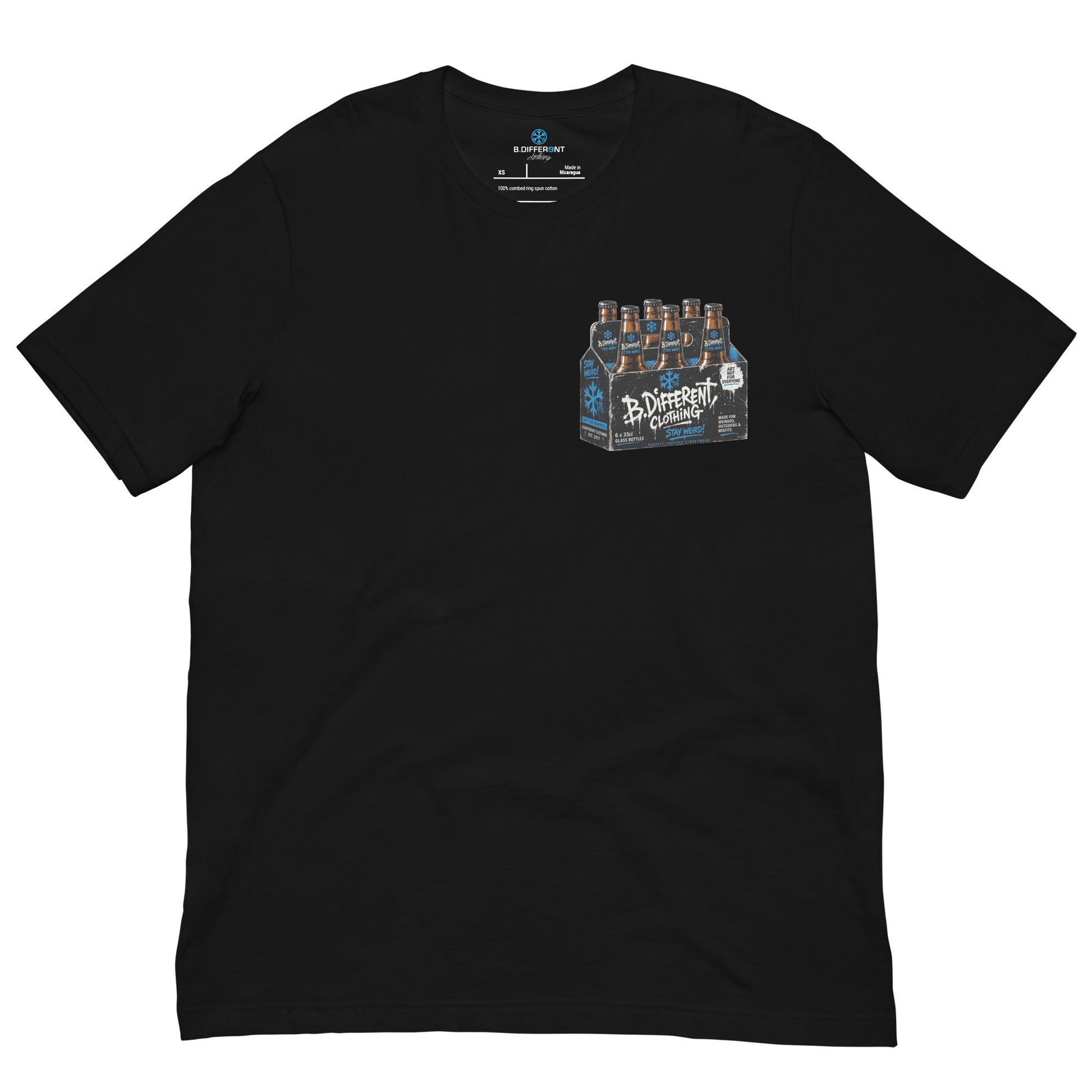 Black-Six Pack Beer Graffiti Tee from B.Different Clothing, front view, graffiti-inspired streetwear