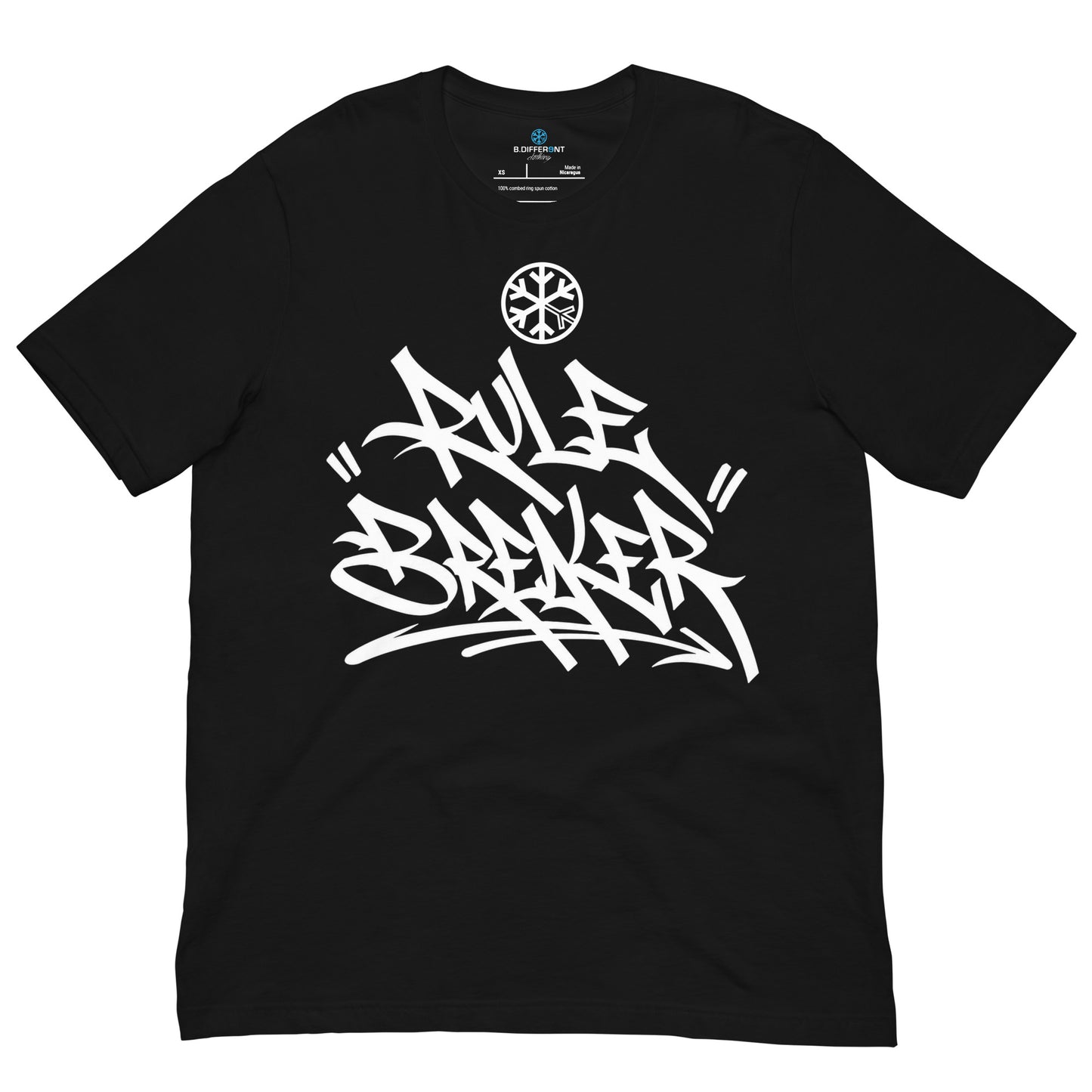 Black-Rule Breaker Graffiti Tag Tee from B.Different Clothing, front view, graffiti-inspired streetwear