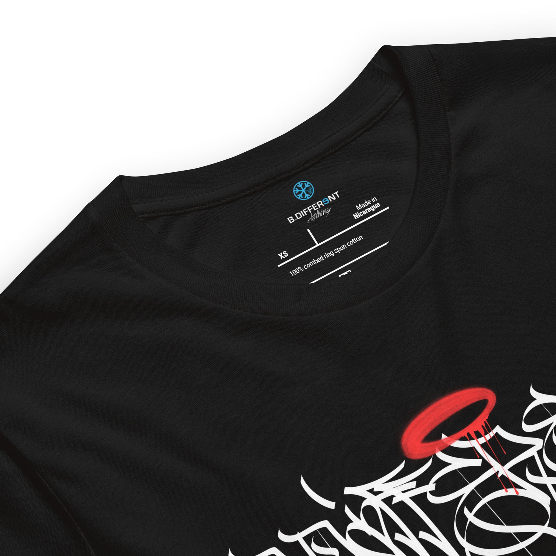 Black-Caos One Collab Graffiti Tee from B.Different Clothing, collar, graffiti-inspired streetwear t-shirt