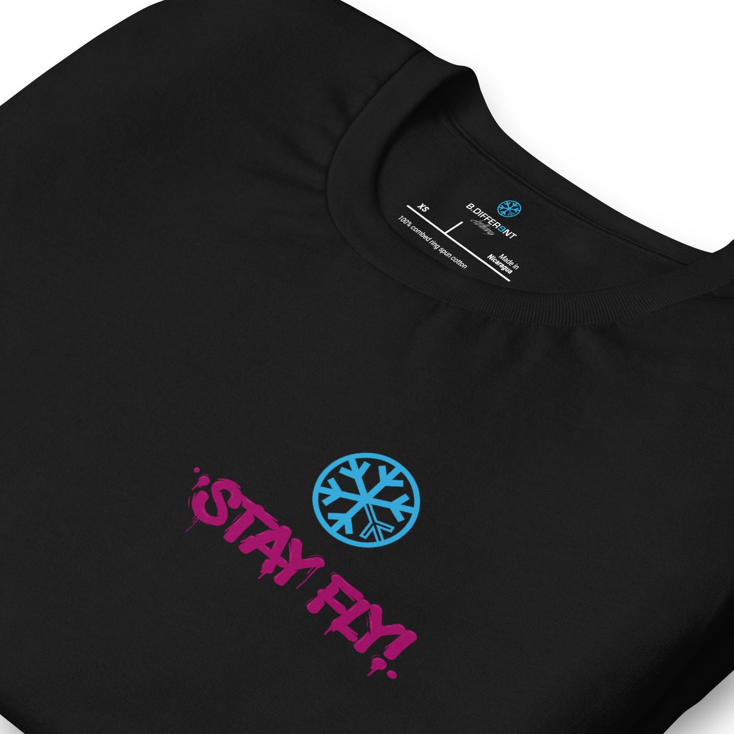 Black-Stay Fly Graffiti Character Tee from B.Different Clothing, detail, graffiti-inspired streetwear t-shirt