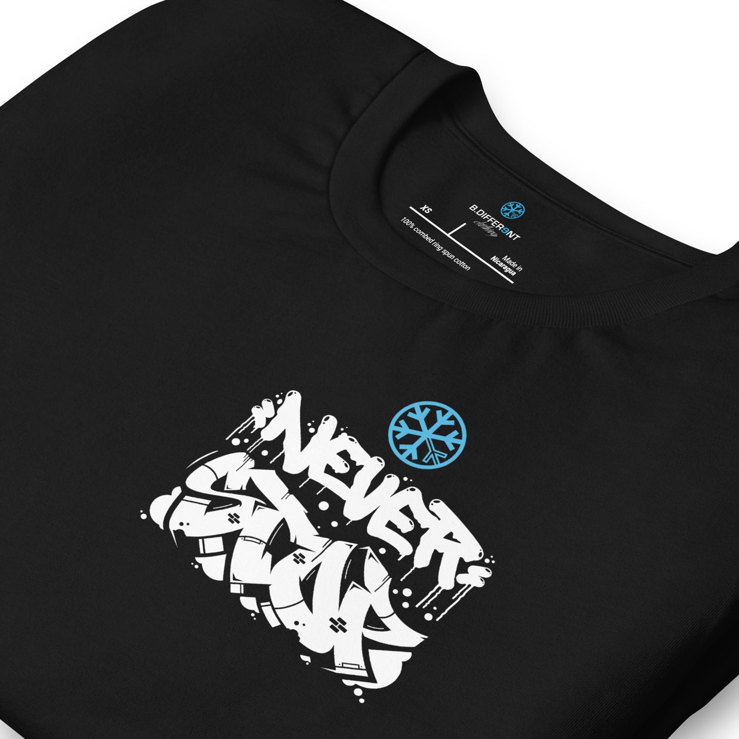 Black-Never Stop Graffiti Character Tee from B.Different Clothing, detail, graffiti-inspired streetwear t-shirt