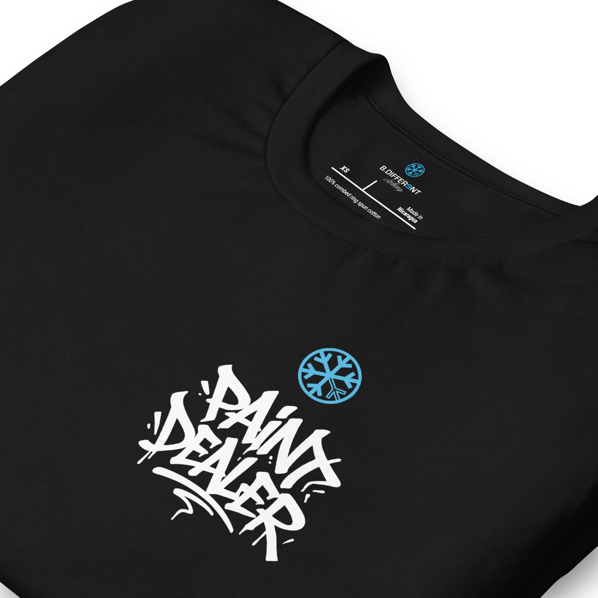 Black-Paint Dealer Graffiti Character Tee from B.Different Clothing, detail, graffiti-inspired streetwear t-shirt