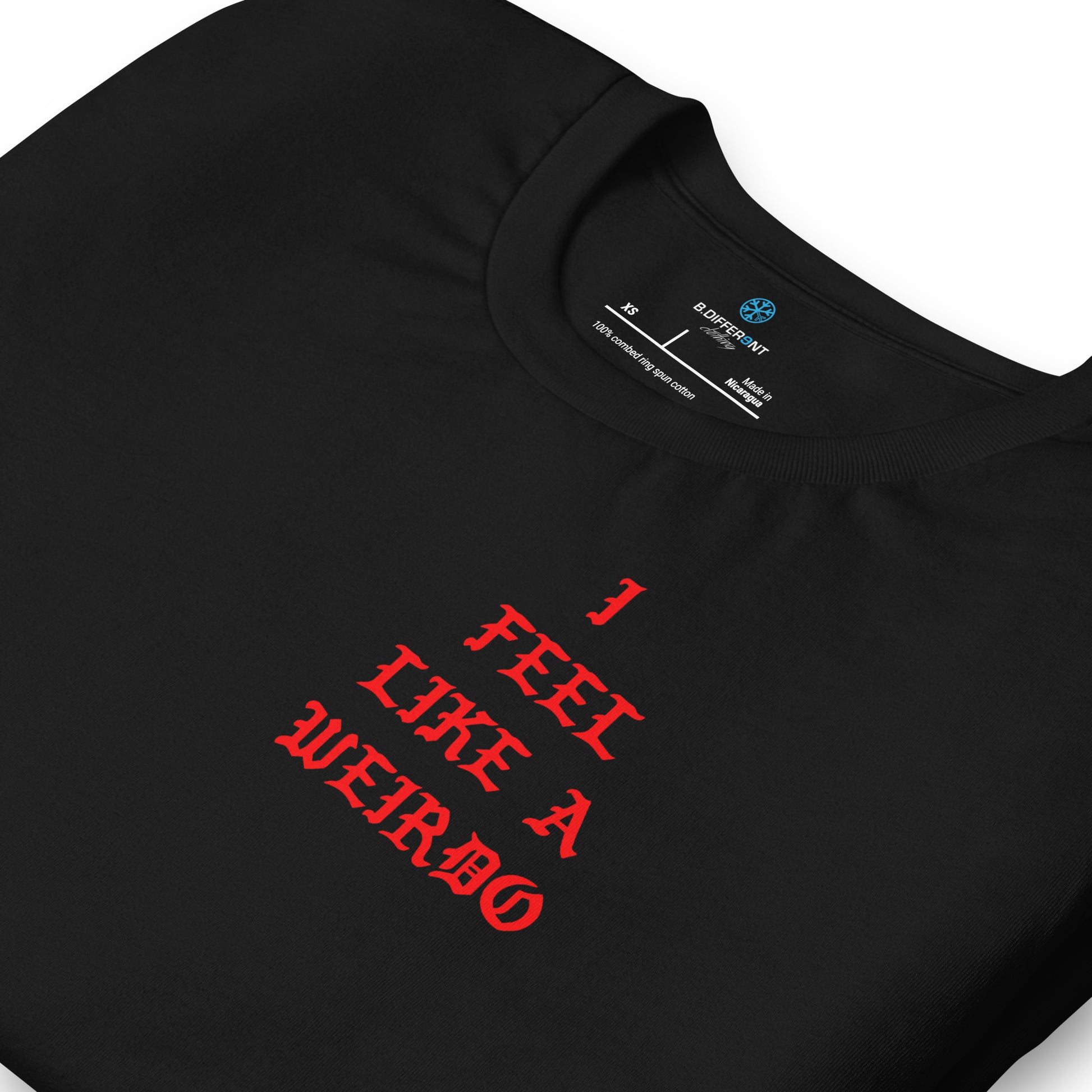 Black-I Feel Like a Weirdo Tee from B.Different Clothing, detail, graffiti-inspired streetwear t-shirt