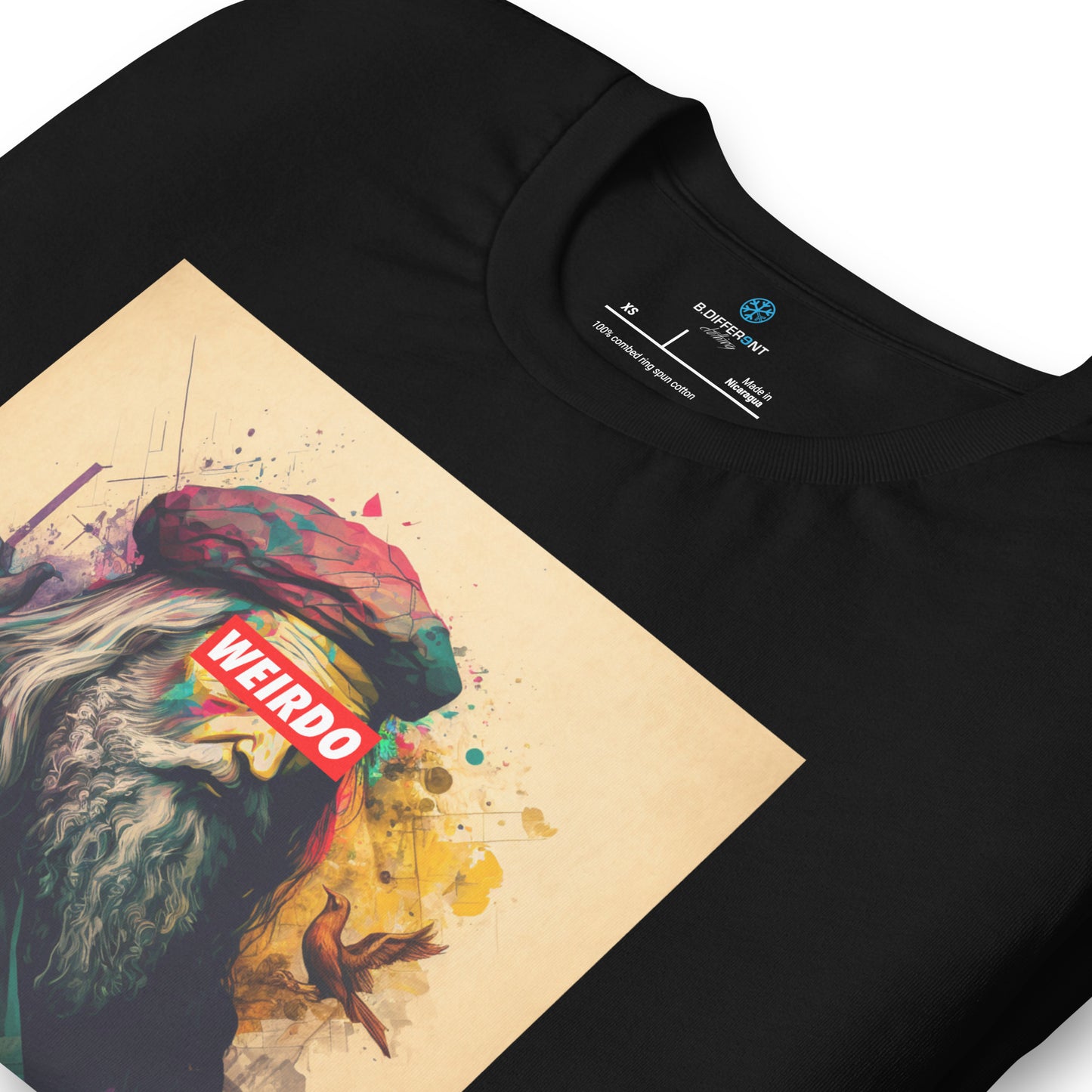 Black-Leonardo da Vinci Tee from B.Different Clothing, detail, graffiti-inspired streetwear t-shirt