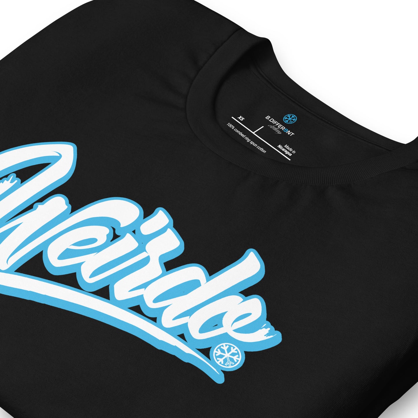 Black-Weirdo Tee from B.Different Clothing, detail, graffiti-inspired streetwear t-shirt