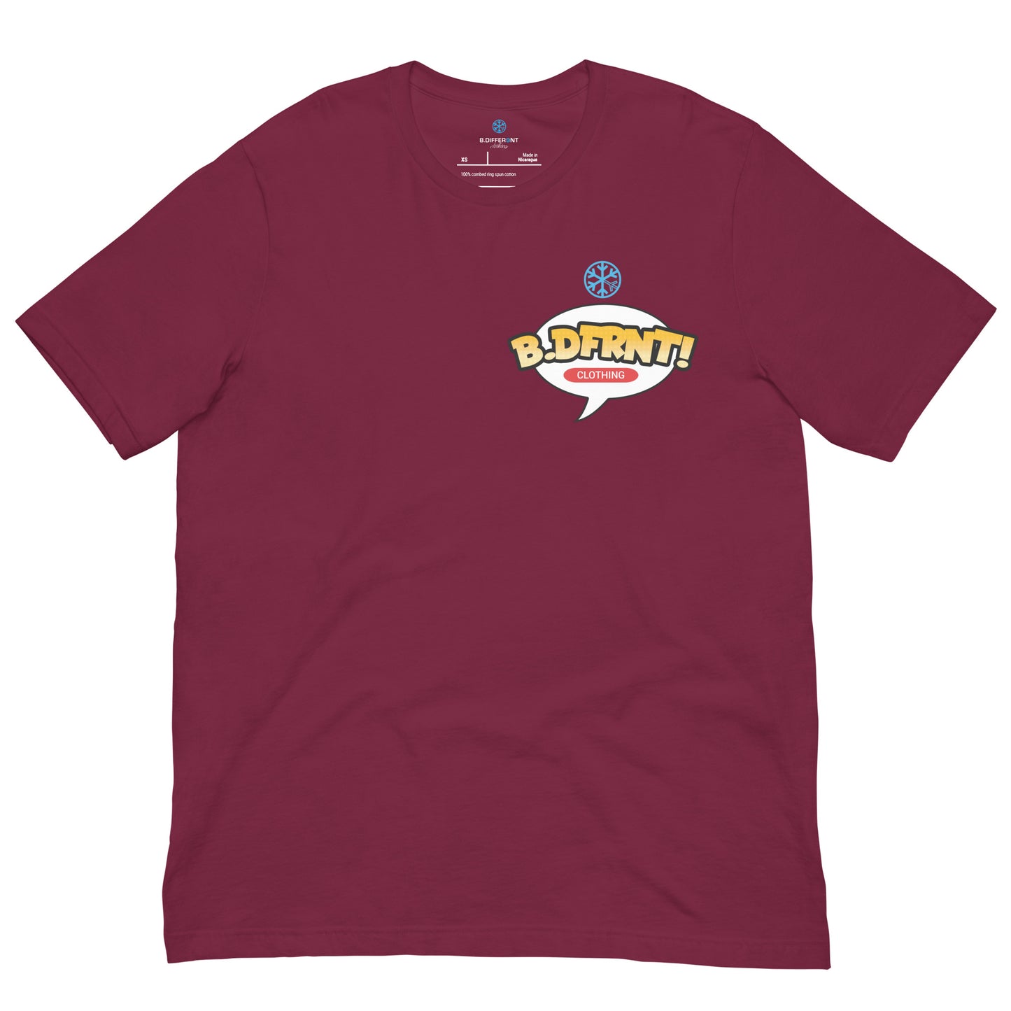 Maroon-Graffiti Artist Vinyl Figure Tee from B.Different Clothing, front view, graffiti-inspired streetwear t-shirt