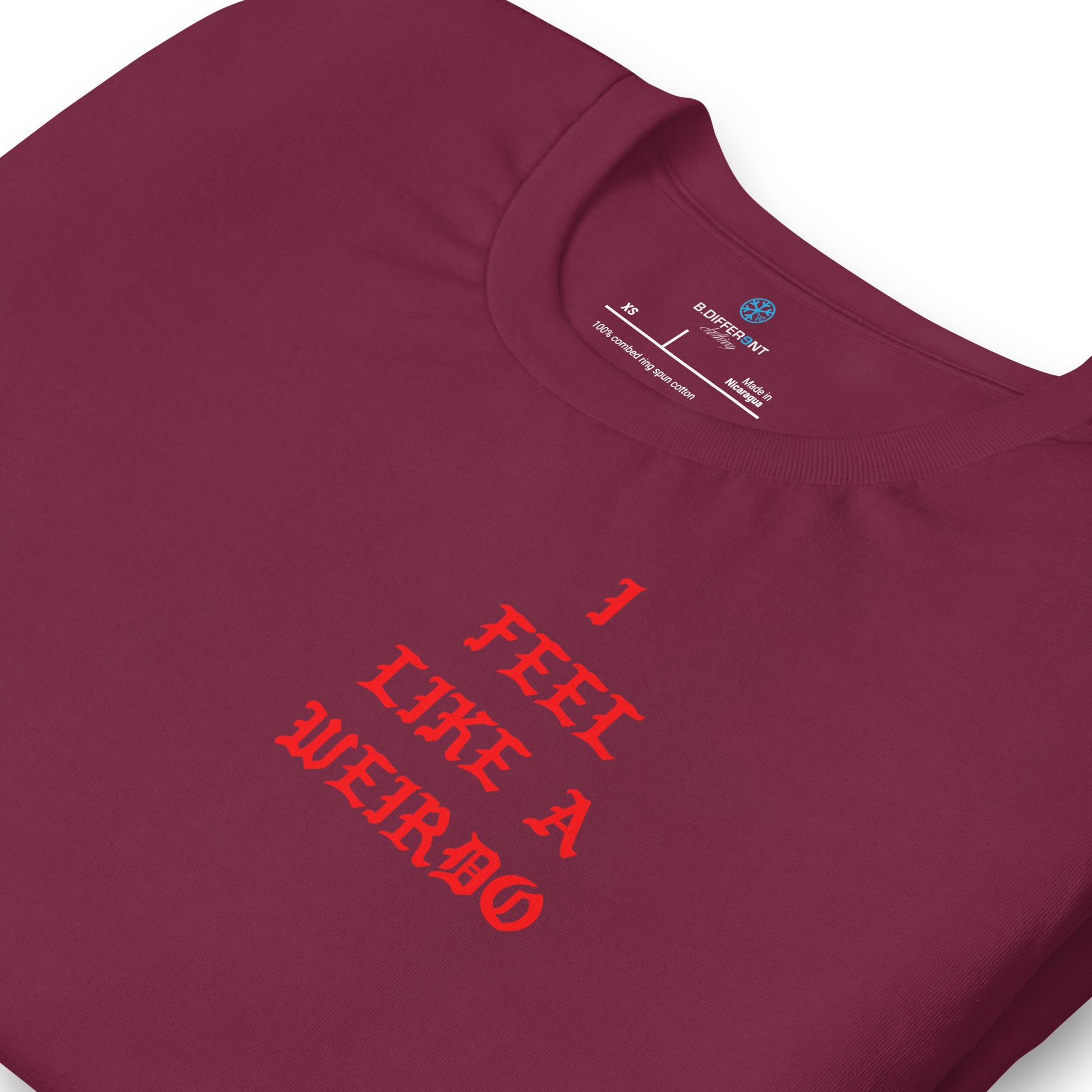 Maroon-I Feel Like a Weirdo Tee from B.Different Clothing, detail, graffiti-inspired streetwear t-shirt