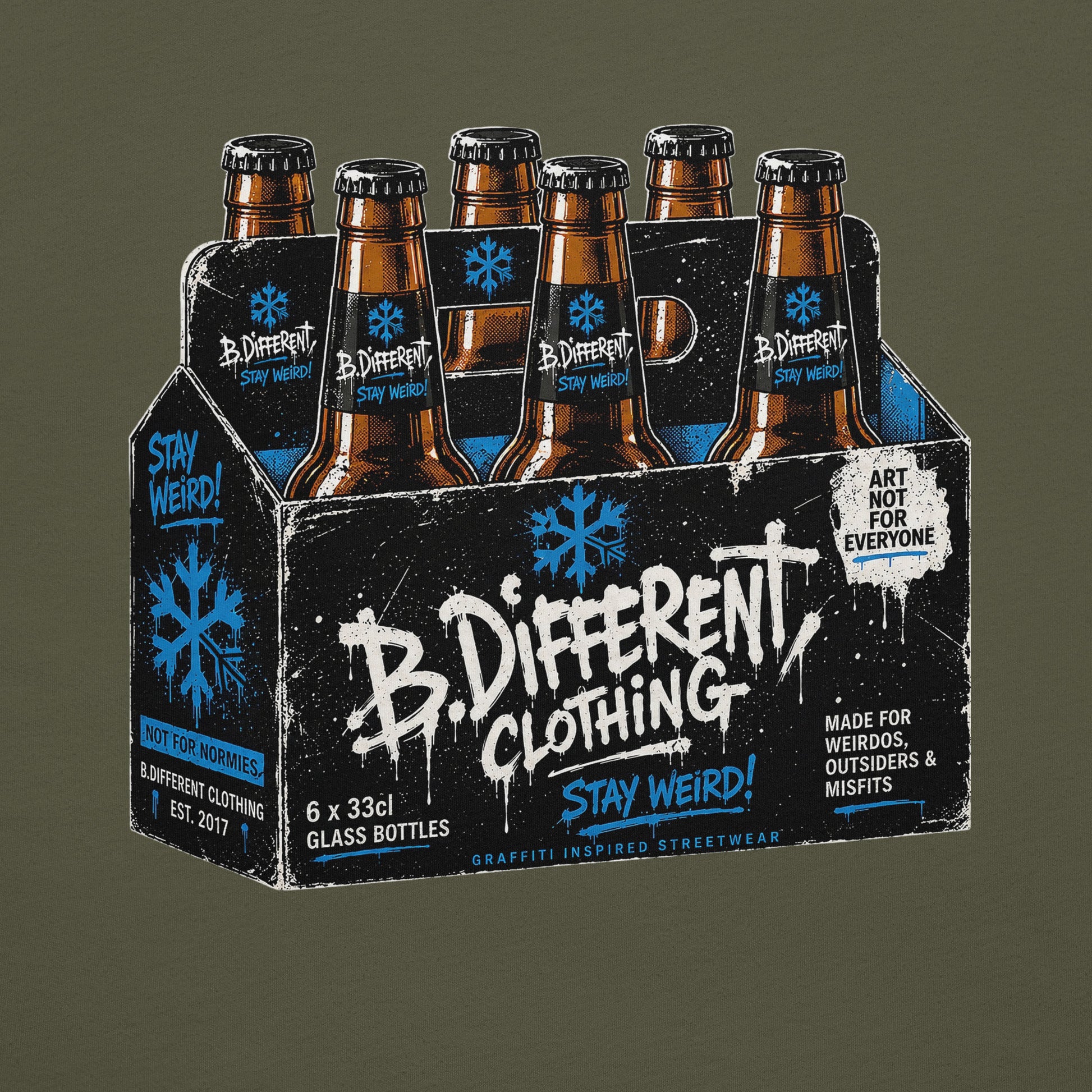Army Green-Six Pack Beer Graffiti Tee from B.Different Clothing, graphic, graffiti-inspired streetwear