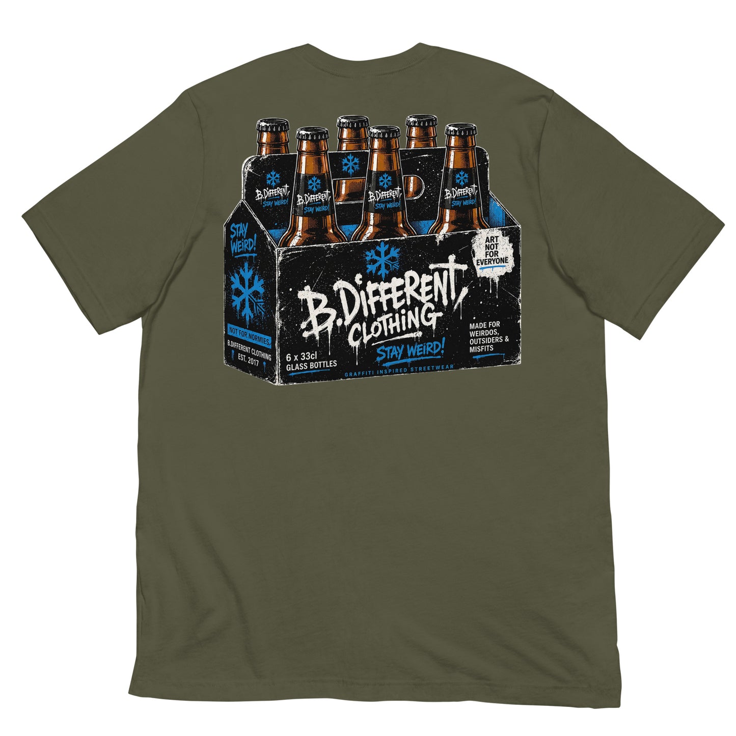 Army Green-Six Pack Beer Graffiti Tee from B.Different Clothing, back view, graffiti-inspired streetwear