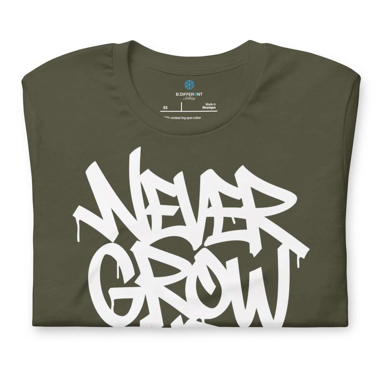 Green-Never Grow Up Graffiti Tee from B.Different Clothing, folded, graffiti-inspired streetwear t-shirt