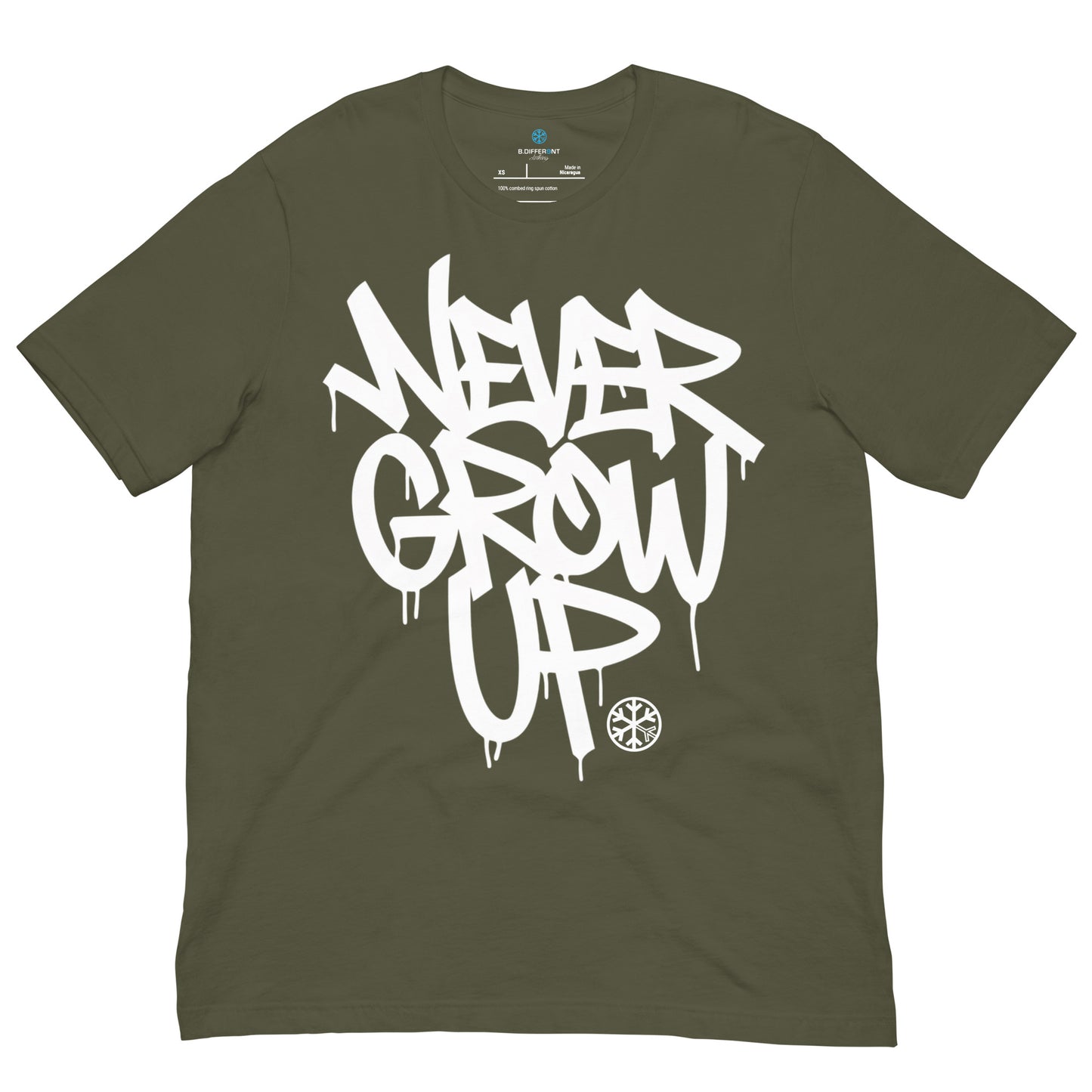 Green-Never Grow Up Graffiti Tee from B.Different Clothing, front view, graffiti-inspired streetwear t-shirt