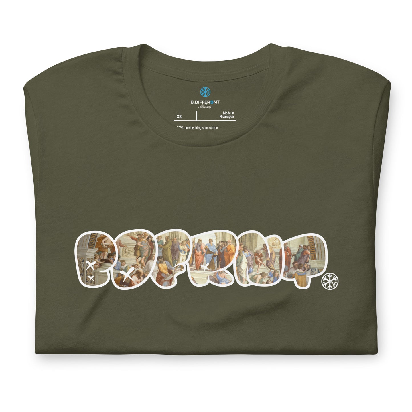 Green-BDFRNT Throwie x School of Athens Graffiti Tee from B.Different Clothing, folded, graffiti-inspired streetwear t-shirt