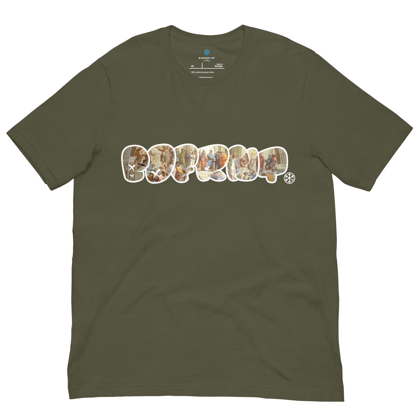 Green-BDFRNT Throwie x School of Athens Graffiti Tee from B.Different Clothing, front view, graffiti-inspired streetwear t-shirt