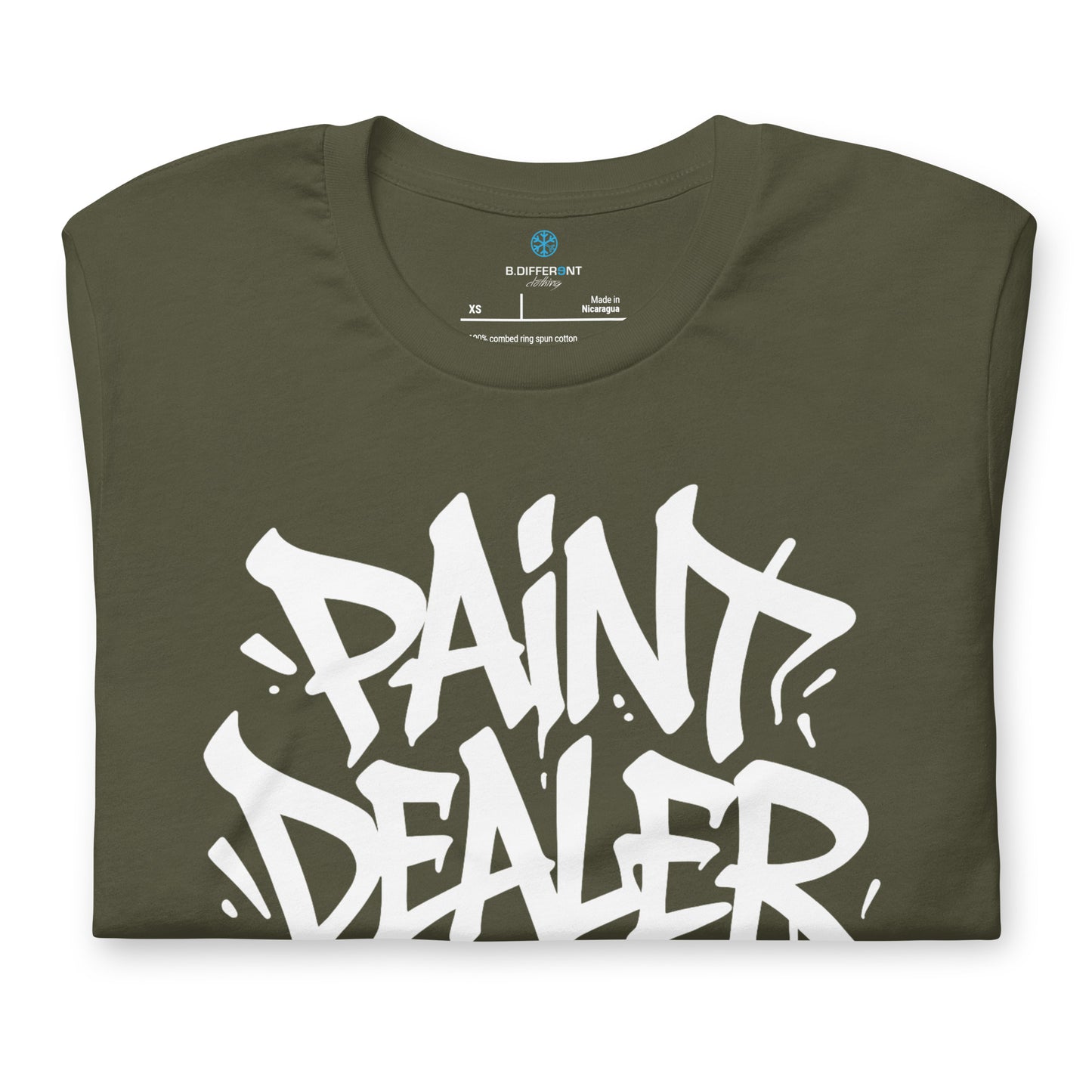 Green-Paint Dealer Graffiti Tag Tee from B.Different Clothing, folded, graffiti-inspired streetwear t-shirt