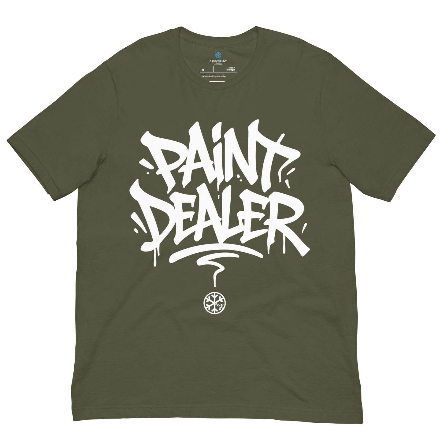 Green-Paint Dealer Graffiti Tag Tee from B.Different Clothing, front view, graffiti-inspired streetwear t-shirt