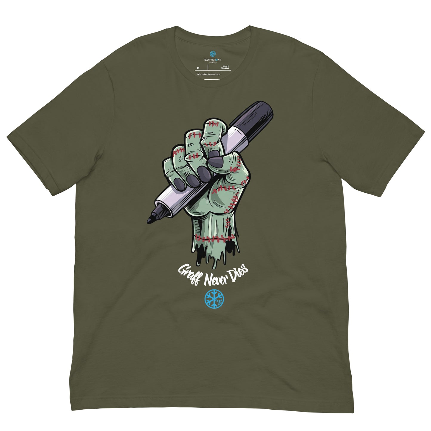 Green-Thing Graffiti Tee from B.Different Clothing, front view, graffiti-inspired streetwear t-shirt
