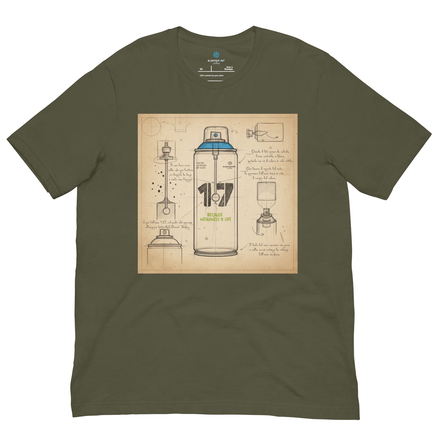Green-Spray Can Sketch Graffiti Tee from B.Different Clothing, front view, graffiti-inspired streetwear t-shirt