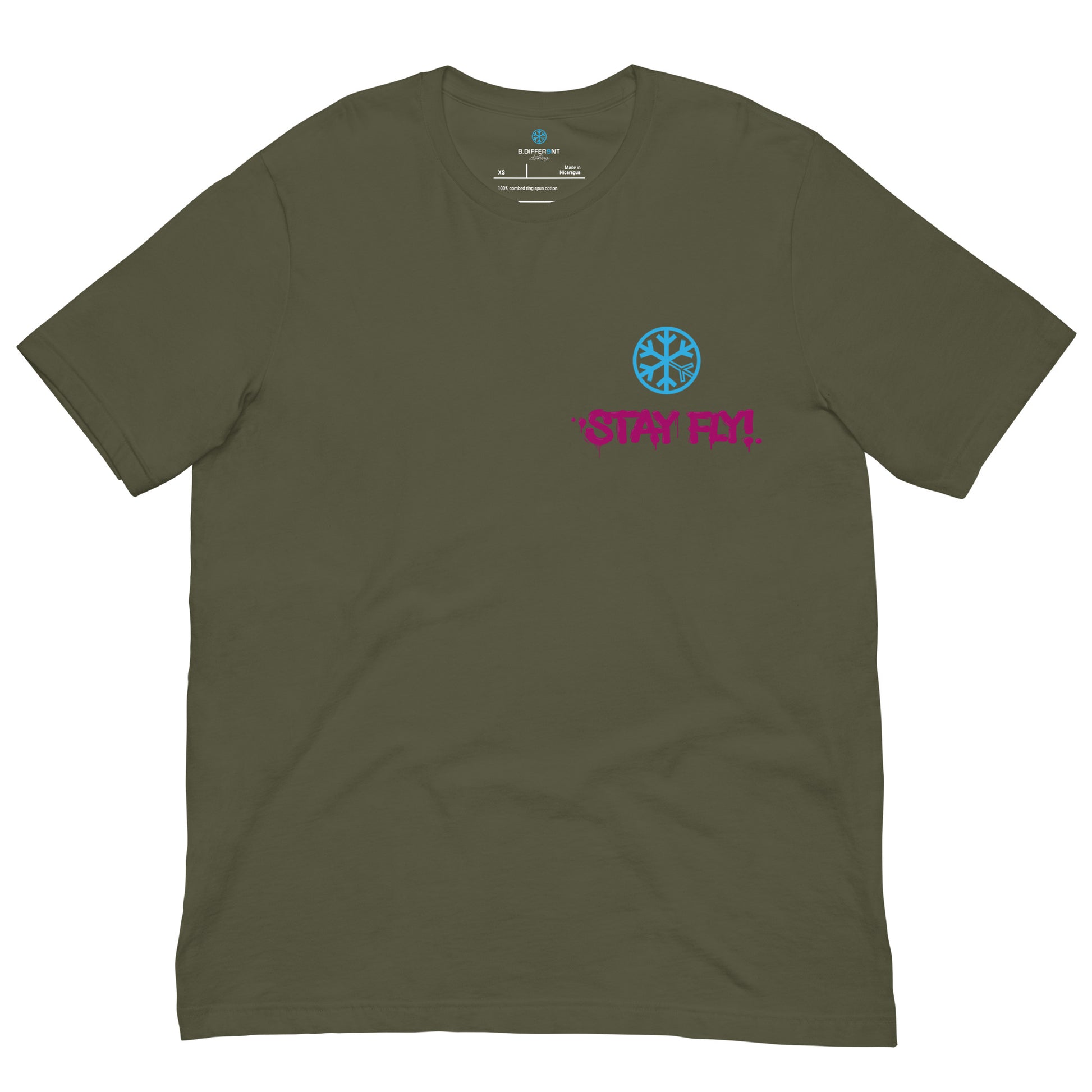 Green-Stay Fly Graffiti Character Tee from B.Different Clothing, front view, graffiti-inspired streetwear t-shirt