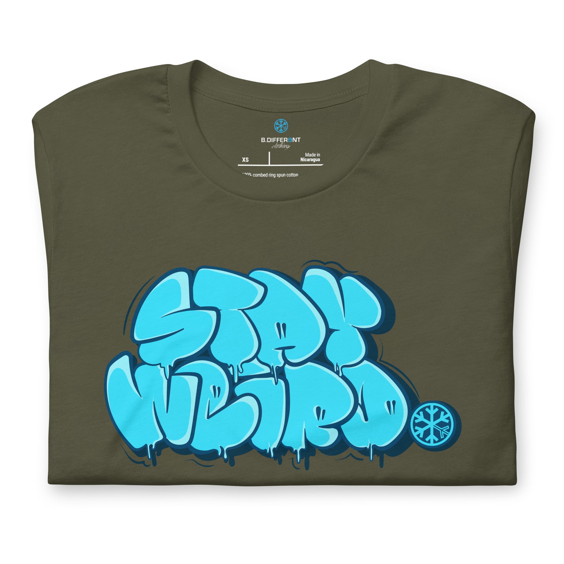 Green-Stay Weird Graffiti Throw-up Tee from B.Different Clothing, folded, graffiti-inspired streetwear t-shirt