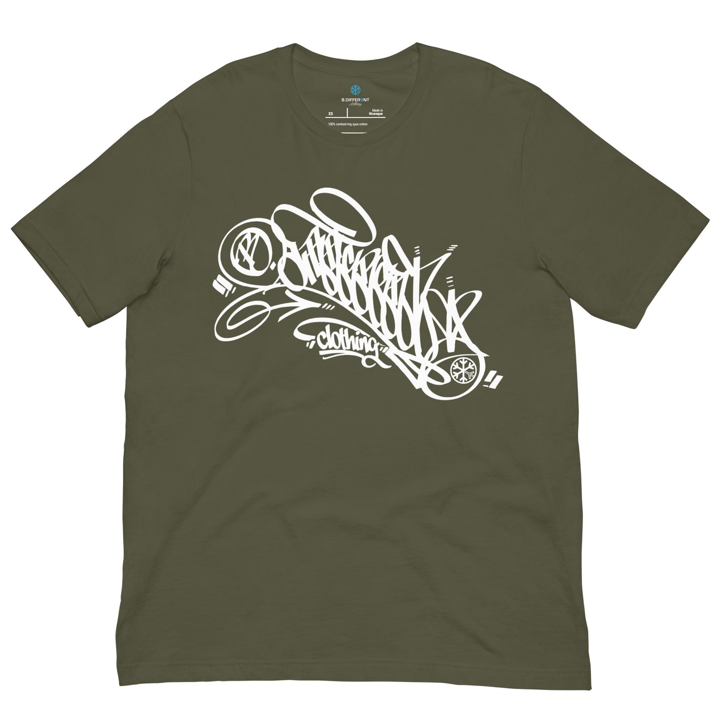 Green-B.Different Clothing Graffiti Tag Tee from B.Different Clothing, front view, graffiti-inspired streetwear t-shirt
