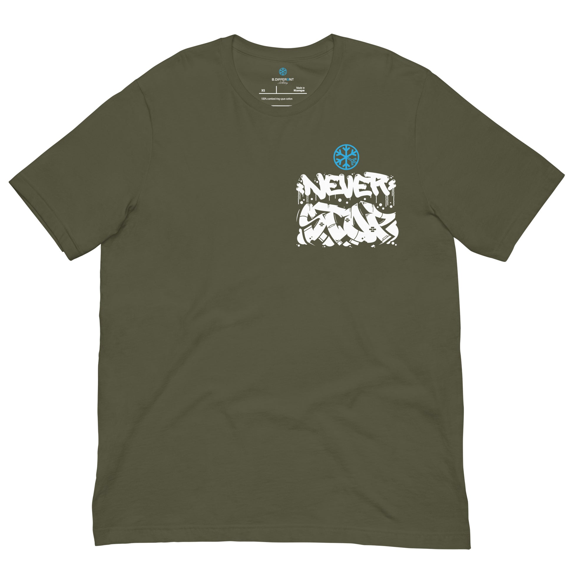 Green-Never Stop Graffiti Character Tee from B.Different Clothing, front view, graffiti-inspired streetwear t-shirt