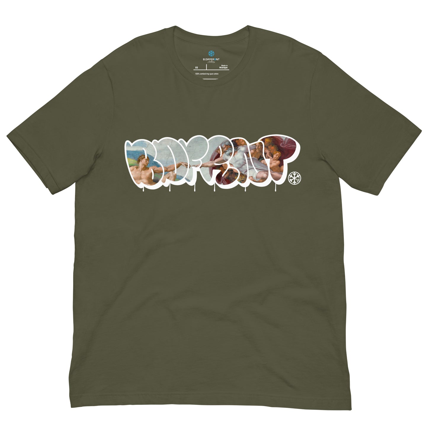 Green-BDFRNT Throwie x Creation of Adam Graffiti Tee from B.Different Clothing, front view, graffiti-inspired streetwear t-shirt