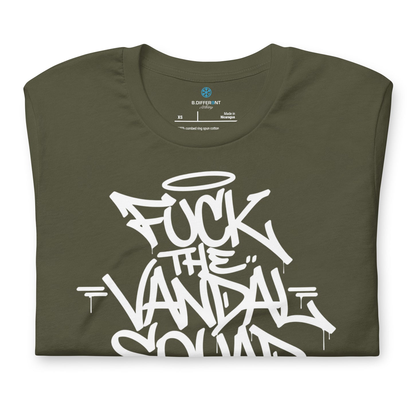 Green-Fuck The Vandal Squad Graffiti Tee from B.Different Clothing, folded, graffiti-inspired streetwear t-shirt
