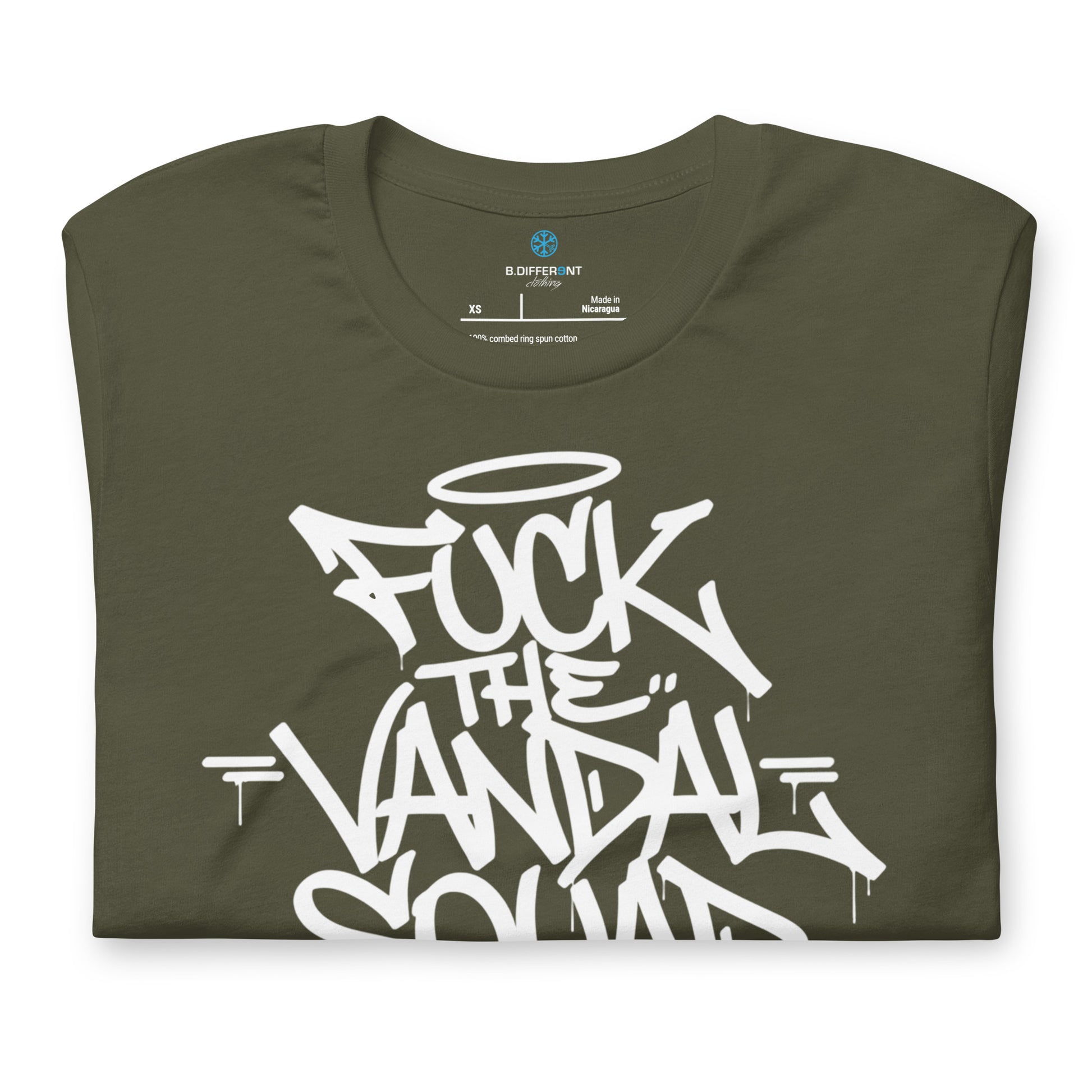 Green-Fuck The Vandal Squad Graffiti Tee from B.Different Clothing, folded, graffiti-inspired streetwear t-shirt