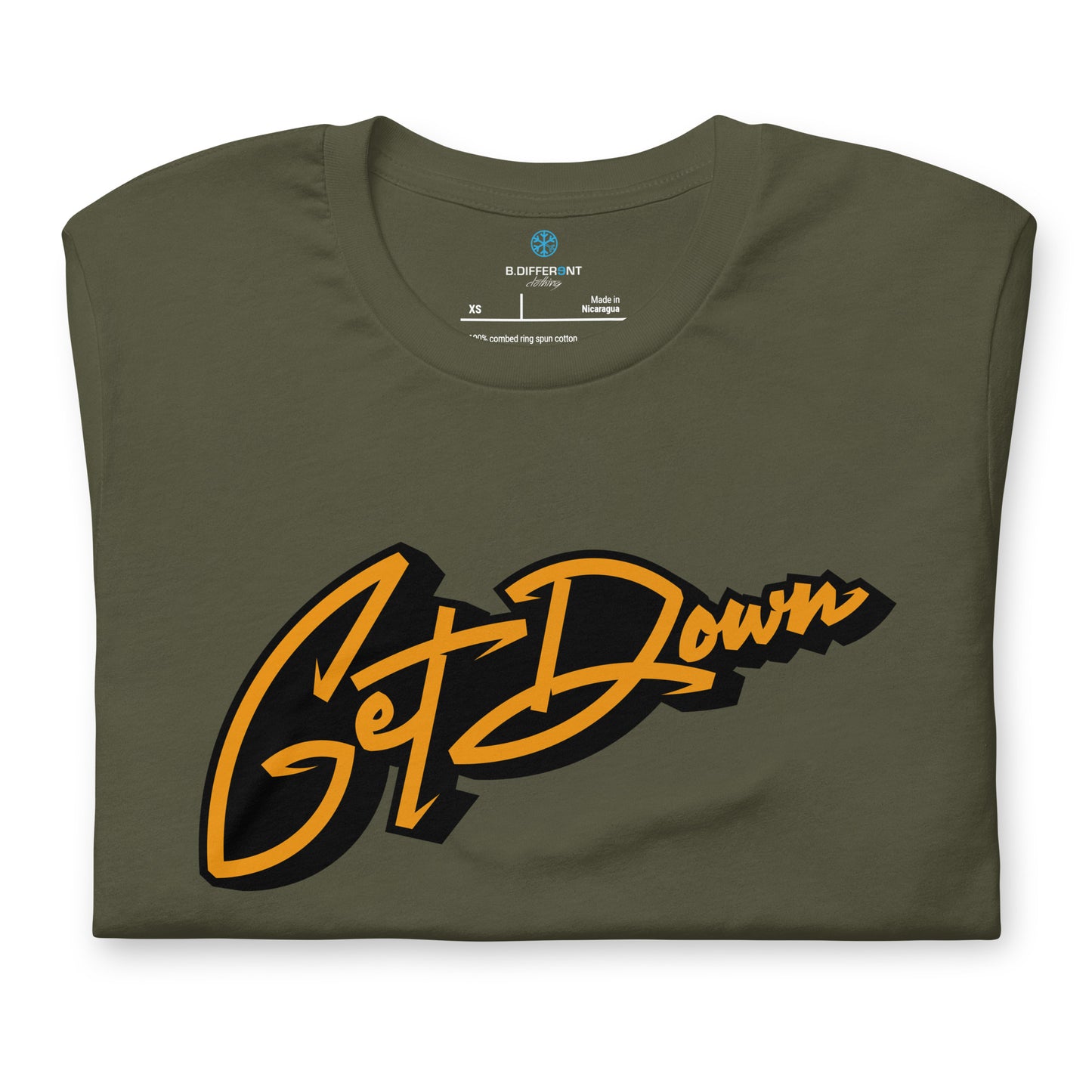 Green-Get Down Graffiti Tag Tee from B.Different Clothing, folded, graffiti-inspired streetwear t-shirt