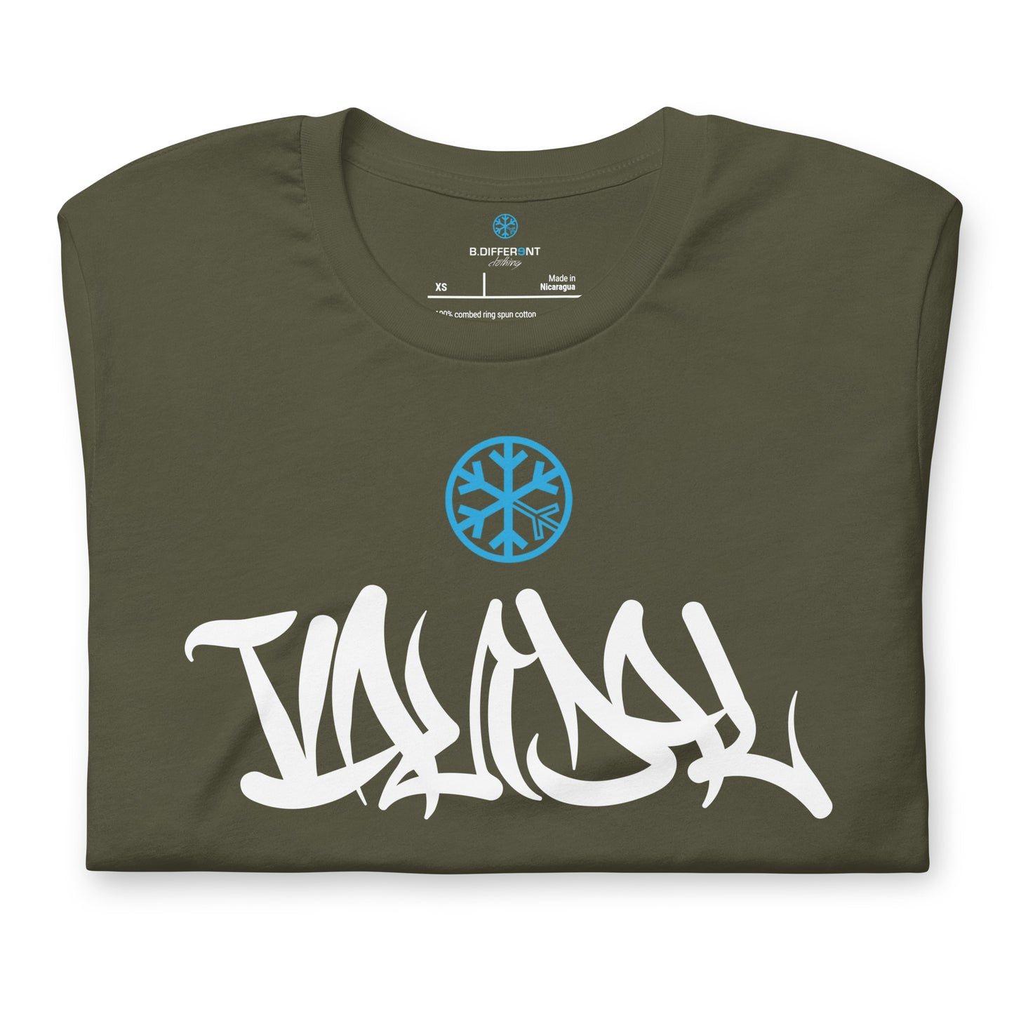 Green-Vandal Graffiti Tag Tee from B.Different Clothing, folded, graffiti-inspired streetwear t-shirt