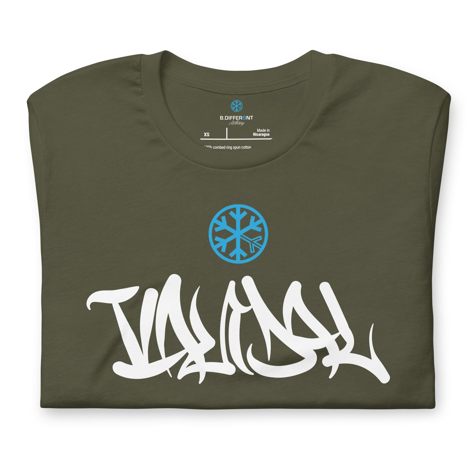 Green-Vandal Graffiti Tag Tee from B.Different Clothing, folded, graffiti-inspired streetwear t-shirt