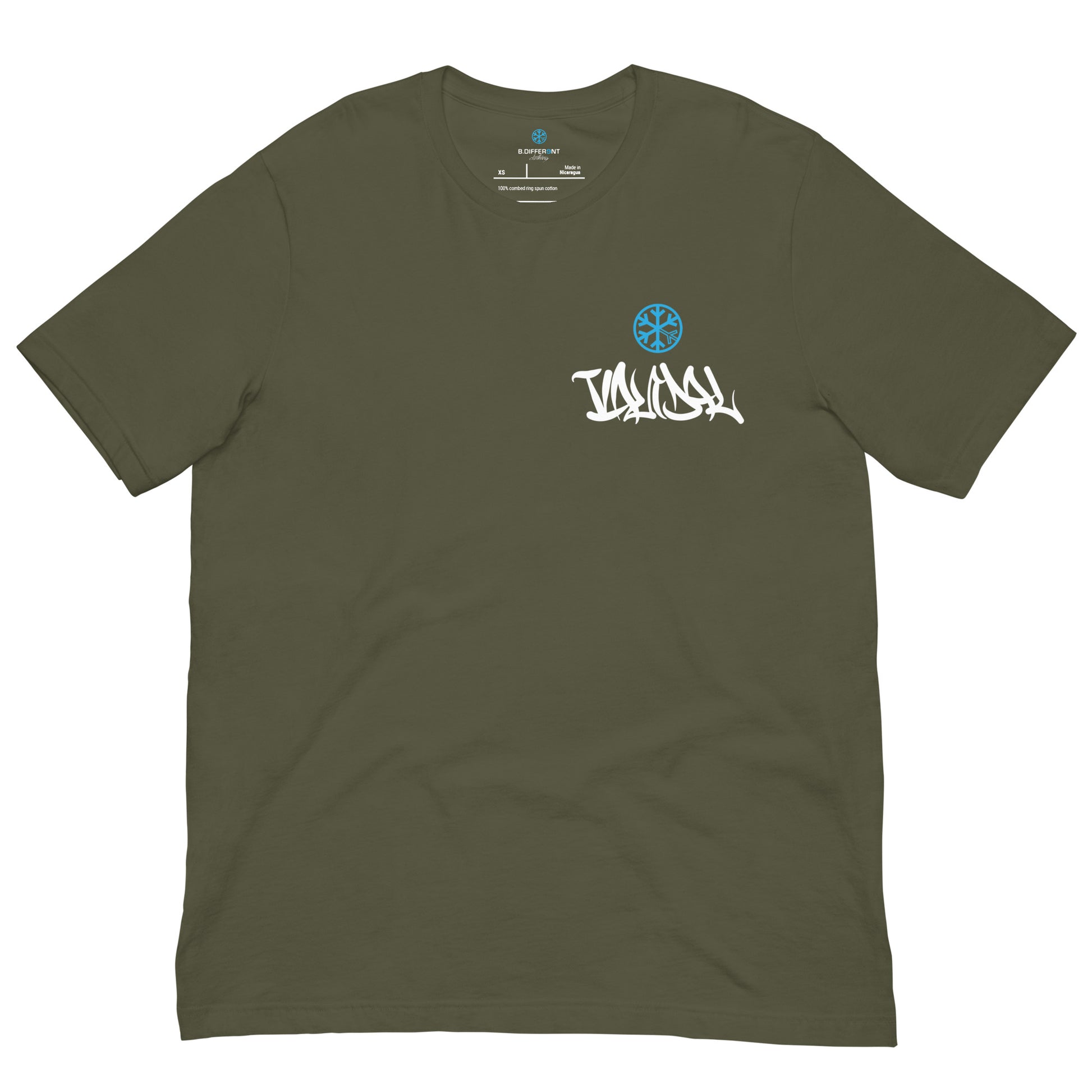 Green-Vandal Graffiti Writer Tee from B.Different Clothing, front view, graffiti-inspired streetwear t-shirt