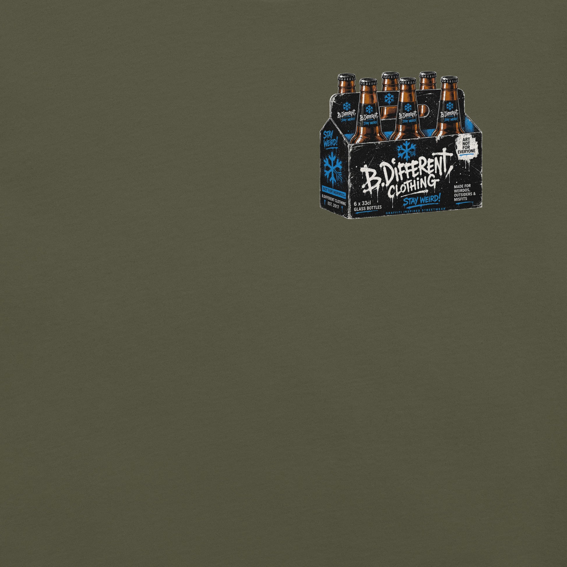 Army Green-Six Pack Beer Graffiti Tee from B.Different Clothing, front graphic, graffiti-inspired streetwear