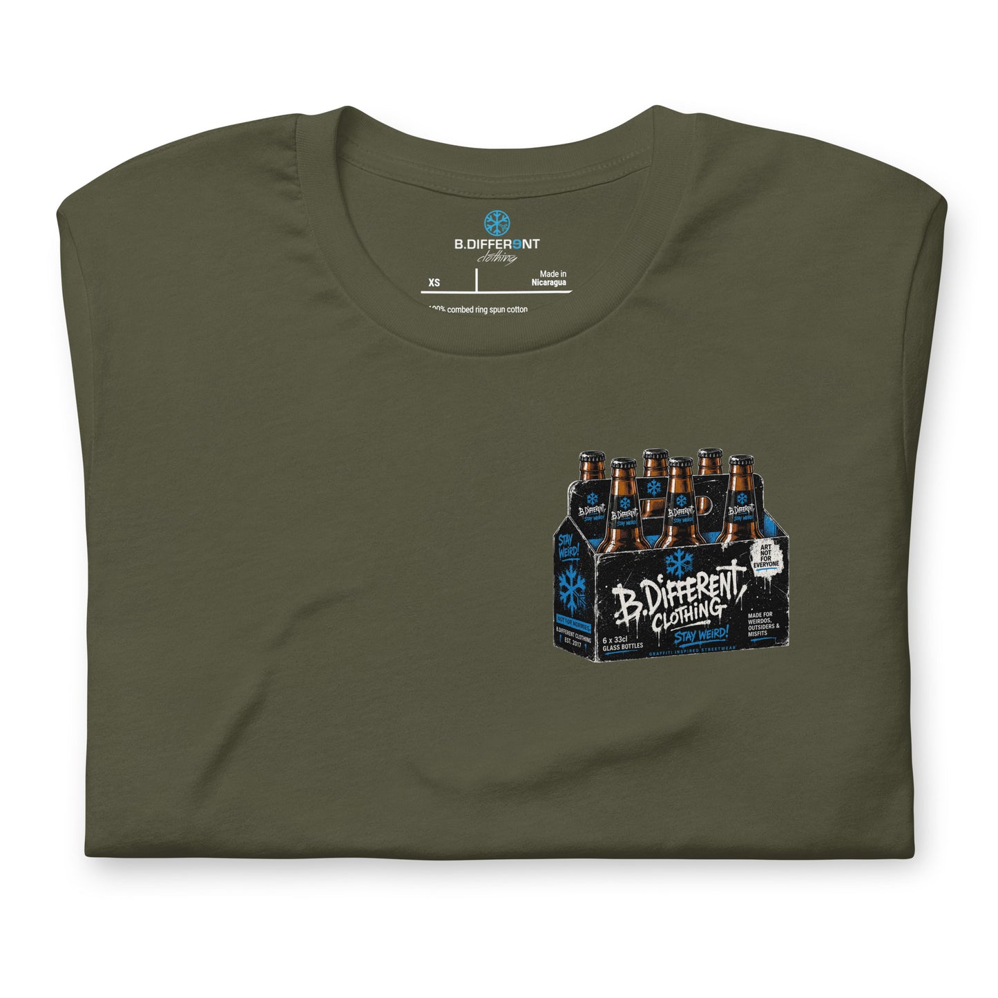 Army Green-Six Pack Beer Graffiti Tee from B.Different Clothing, folded, graffiti-inspired streetwear