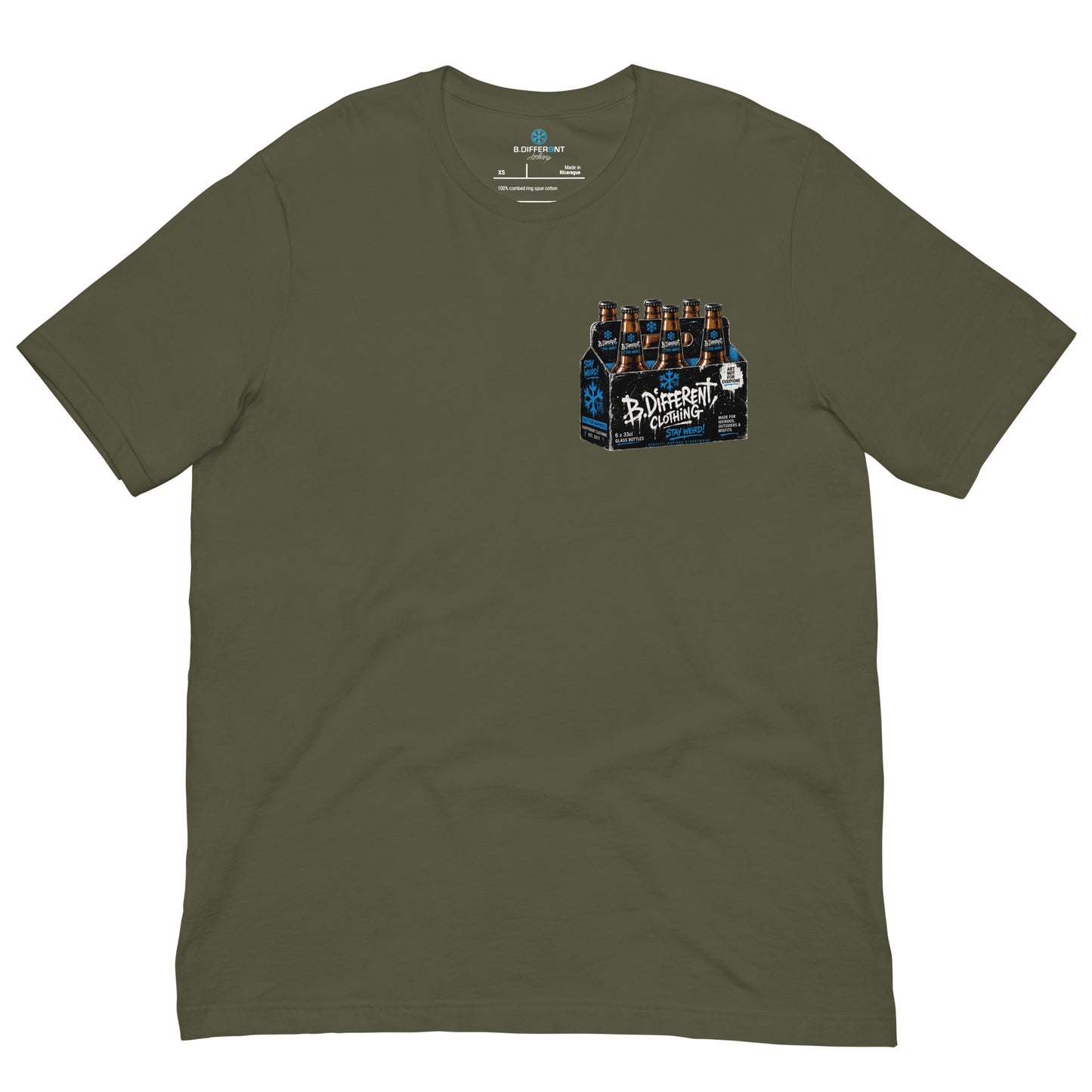 Army Green-Six Pack Beer Graffiti Tee from B.Different Clothing, front view, graffiti-inspired streetwear