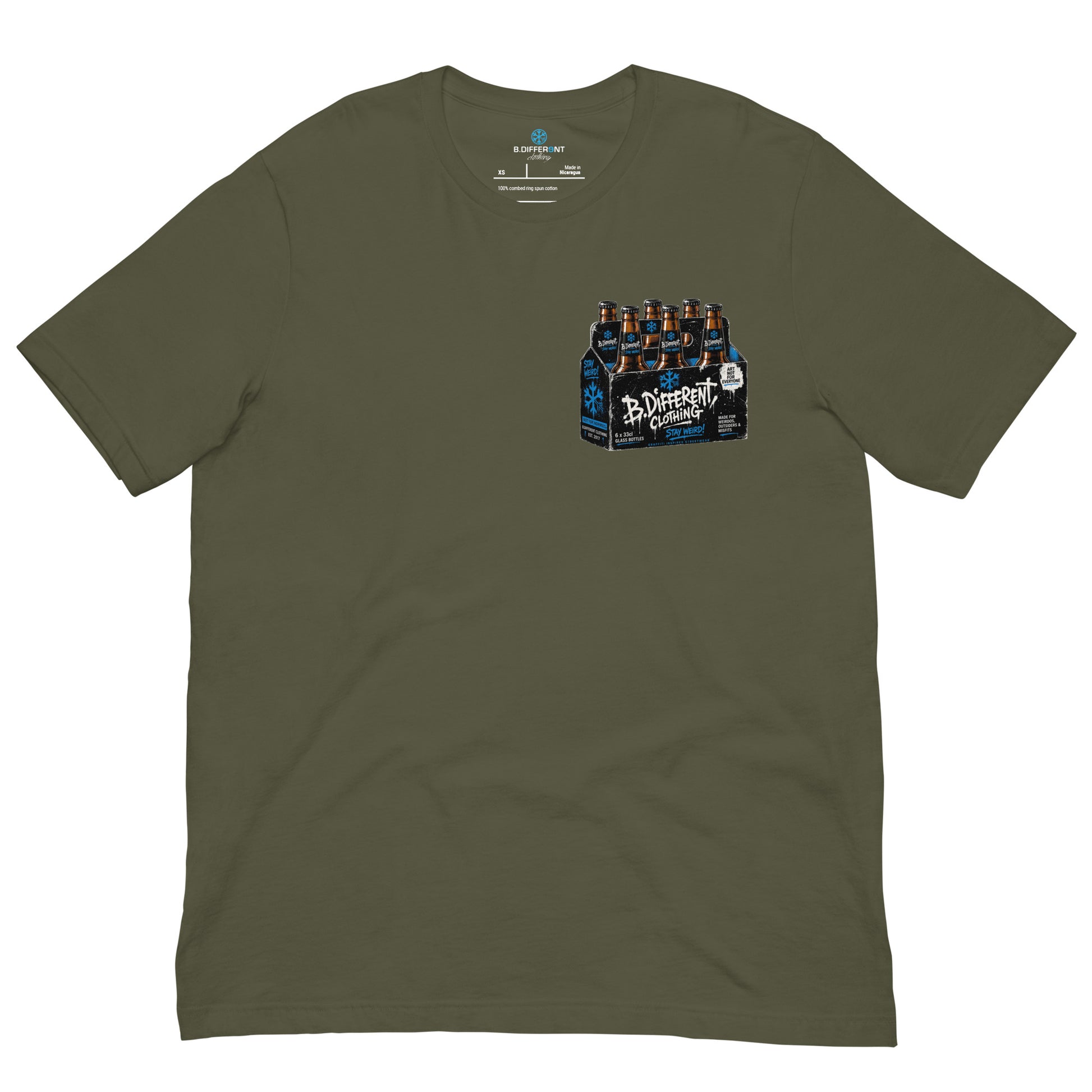 Army Green-Six Pack Beer Graffiti Tee from B.Different Clothing, front view, graffiti-inspired streetwear