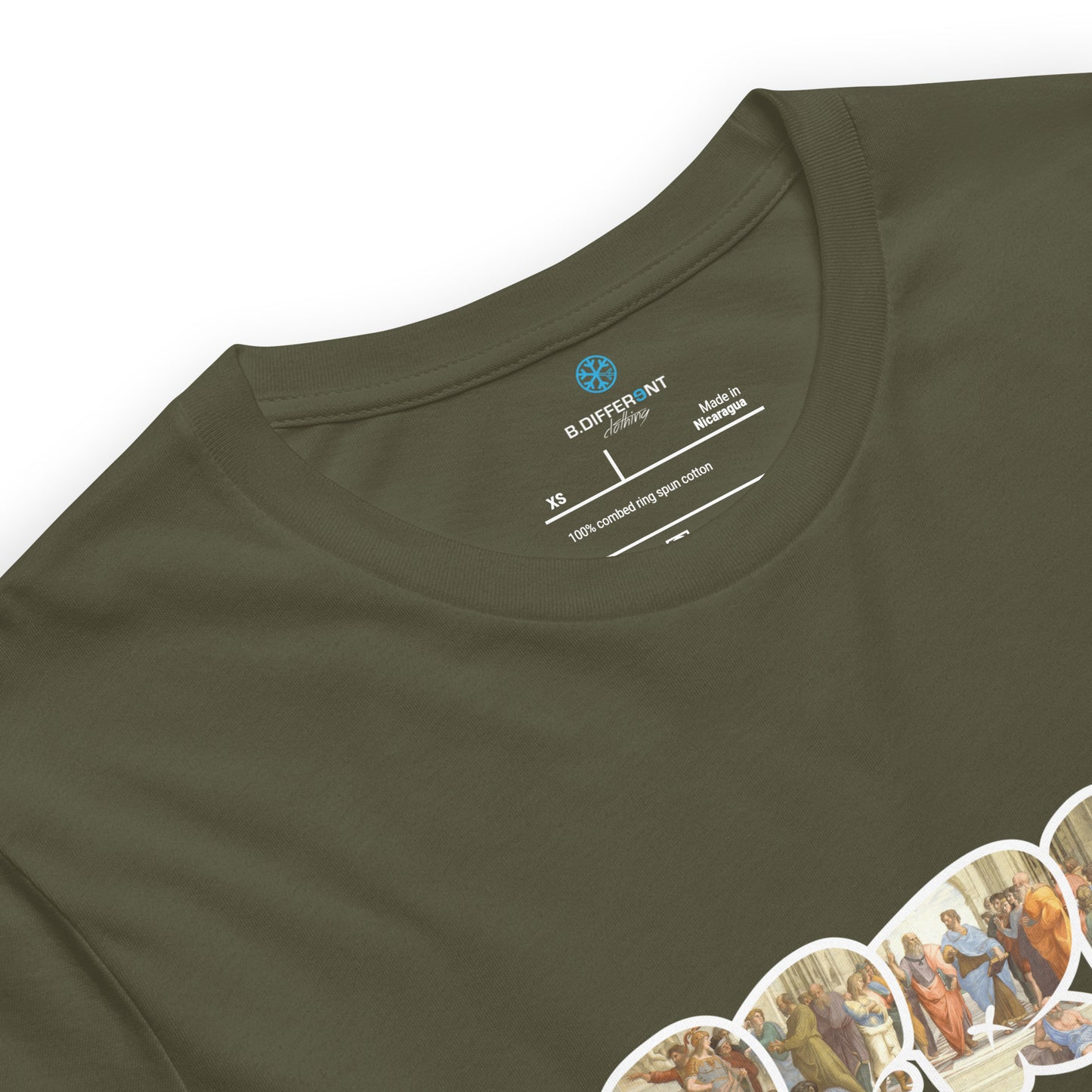 Green-BDFRNT Throwie x School of Athens Graffiti Tee from B.Different Clothing, collar, graffiti-inspired streetwear t-shirt
