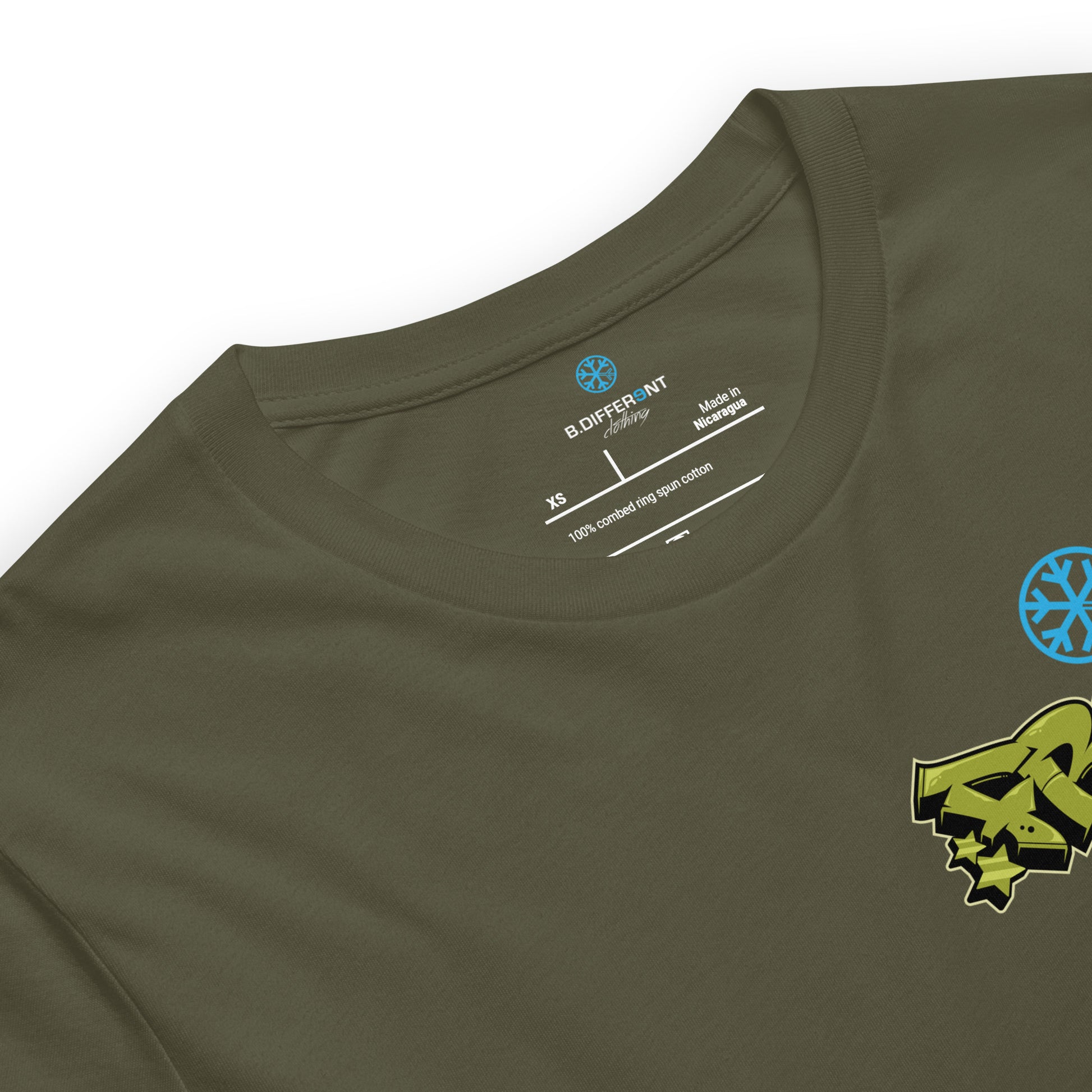 Green-Fresh Graffiti Character Tee from B.Different Clothing, collar, graffiti-inspired streetwear t-shirt