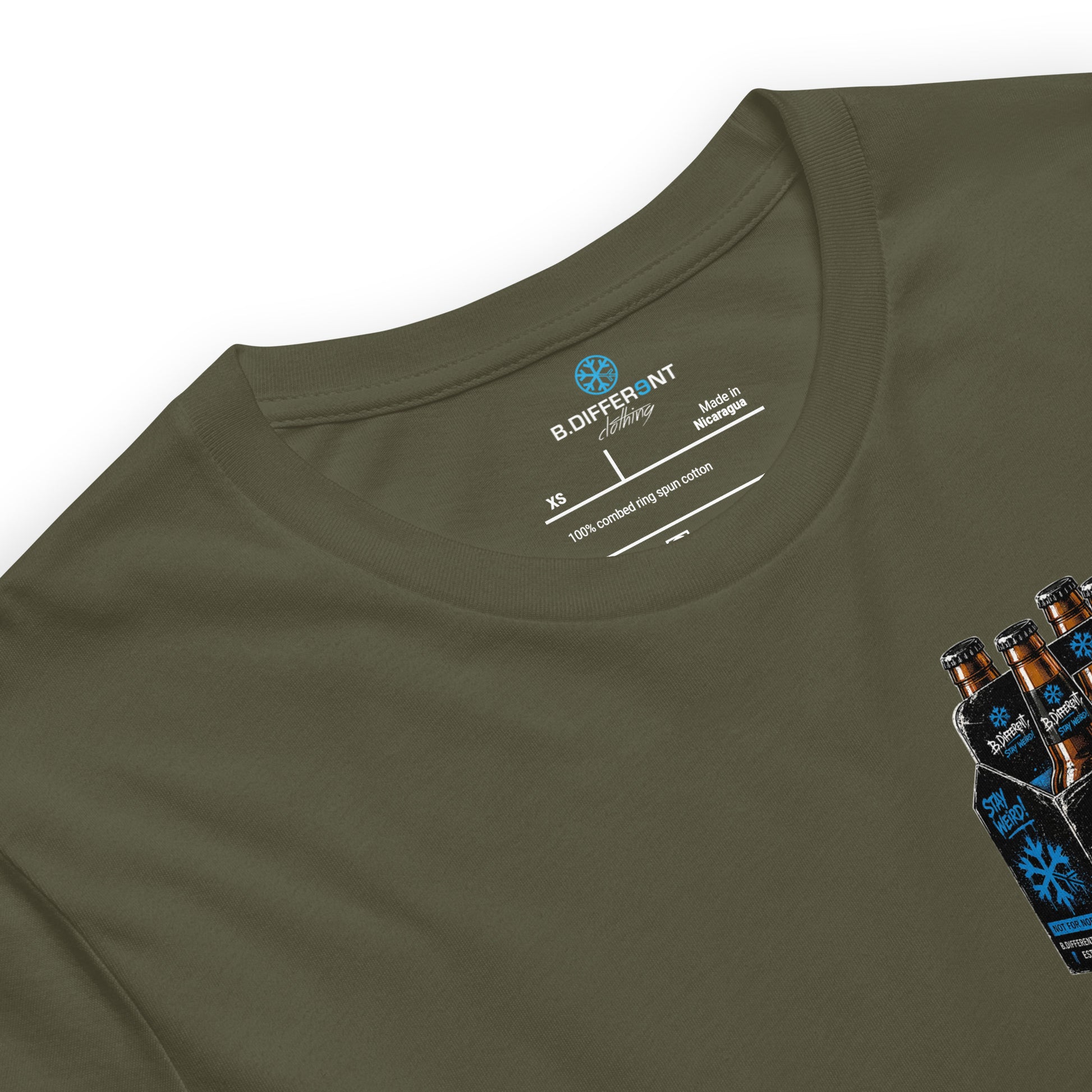 Army Green-Six Pack Beer Graffiti Tee from B.Different Clothing, collar, graffiti-inspired streetwear